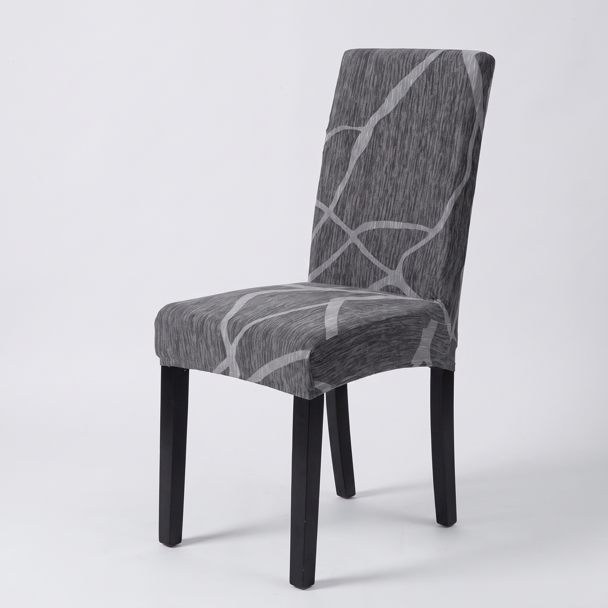 Stretch Dining Chair Cover – Charcoal Grey Wavy Line Print – product photo on a white background | Brivenzo