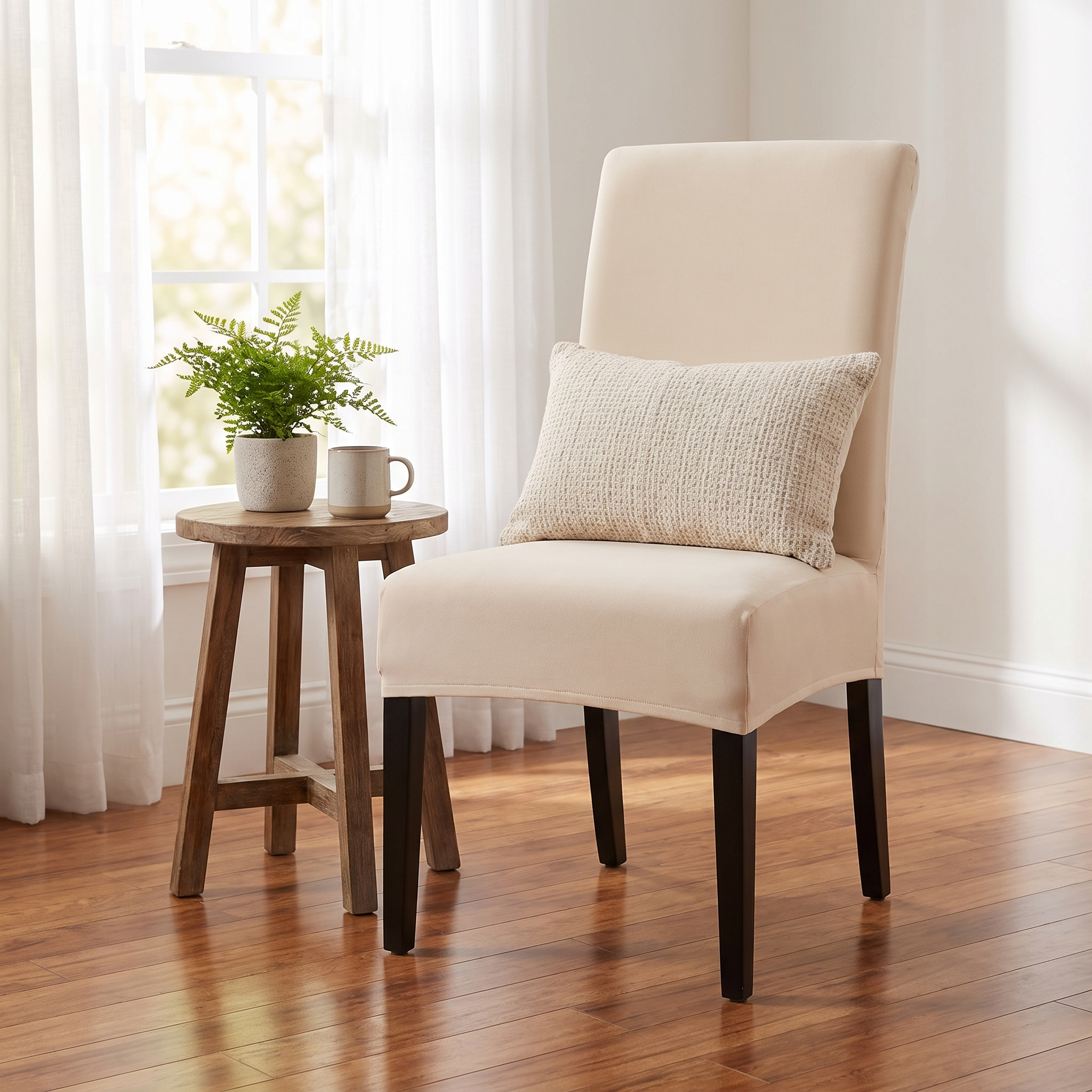 Cream white stretch dining chair cover in living room