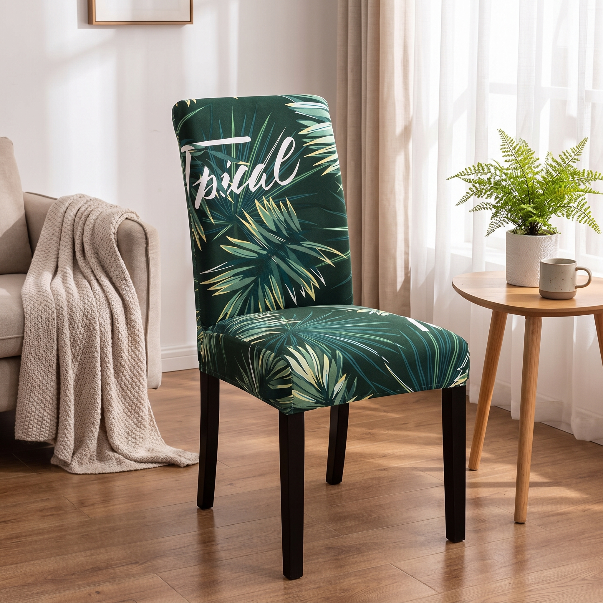 Stretch Dining Chair Cover – Dark Green Tropical Palm Leaf Print shown in a styled home interior | Brivenzo