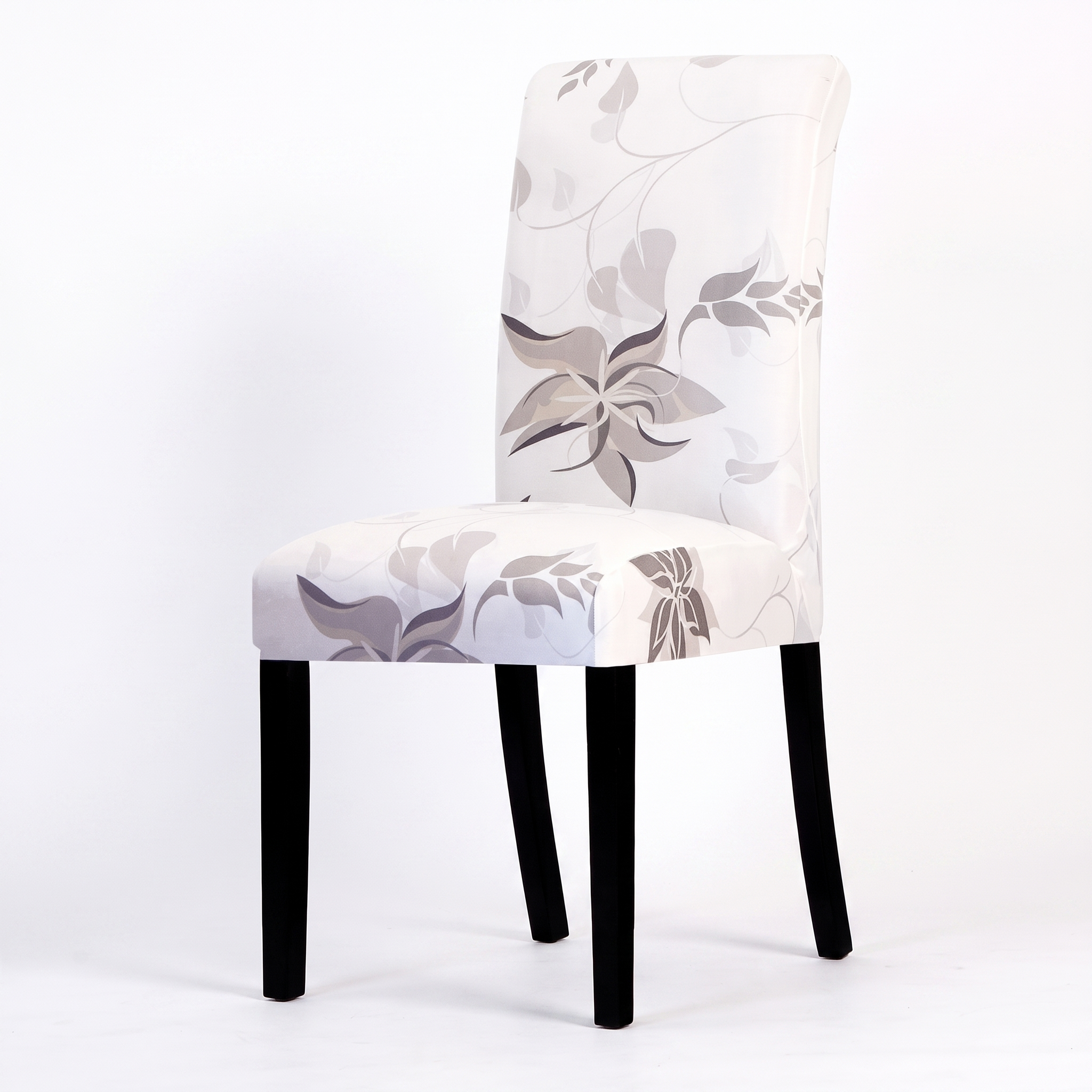 Stretch Dining Chair Cover – Grey Taupe Floral Print – product photo on a white background | Brivenzo
