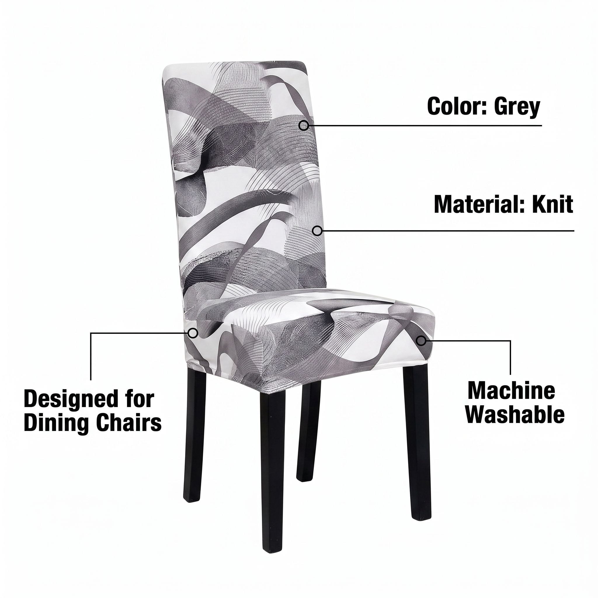 Stretch Dining Chair Cover – Grey White Abstract Swirl Print – features and specifications overview | Brivenzo