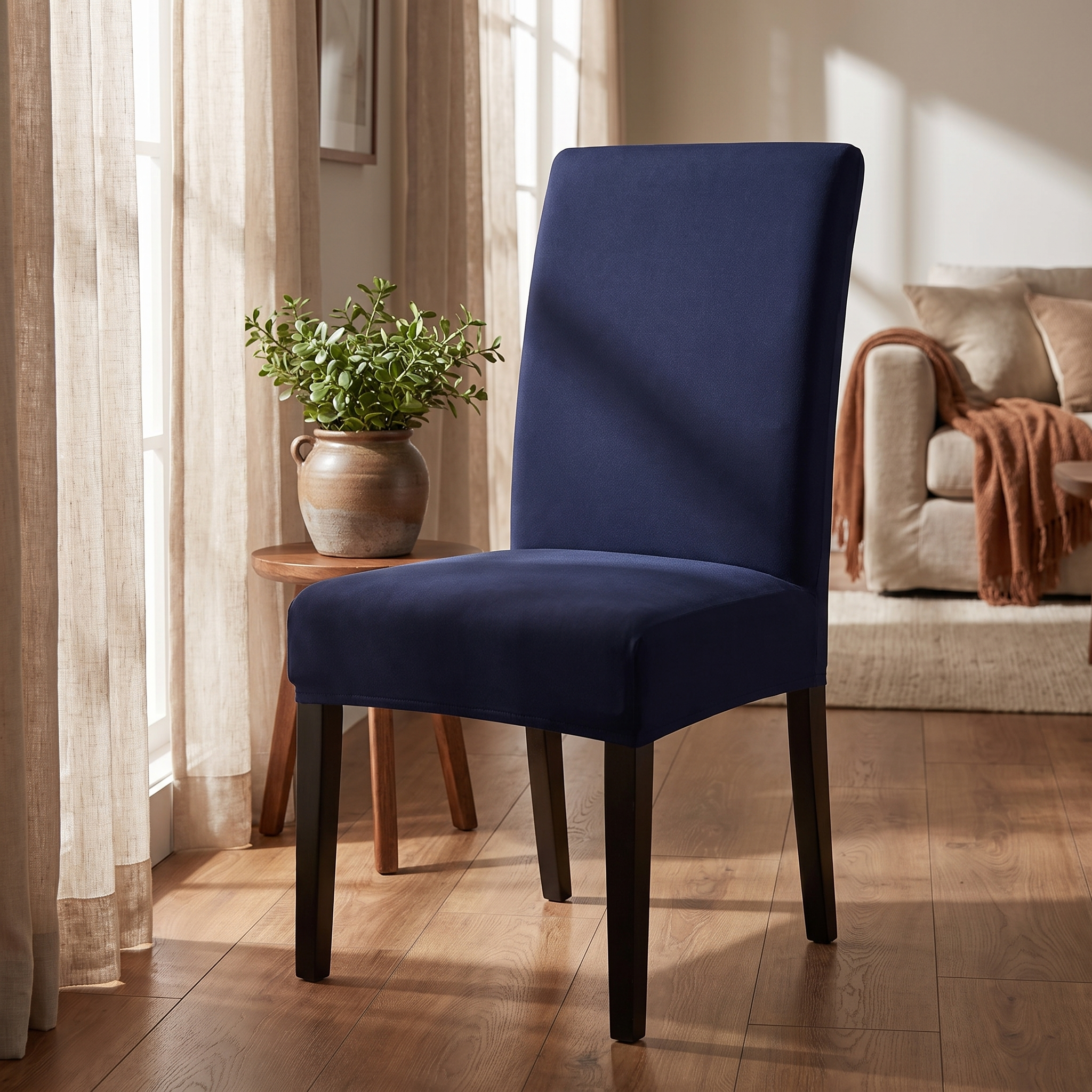 Stretch Dining Chair Cover – Midnight Blue shown in a styled home interior | Brivenzo