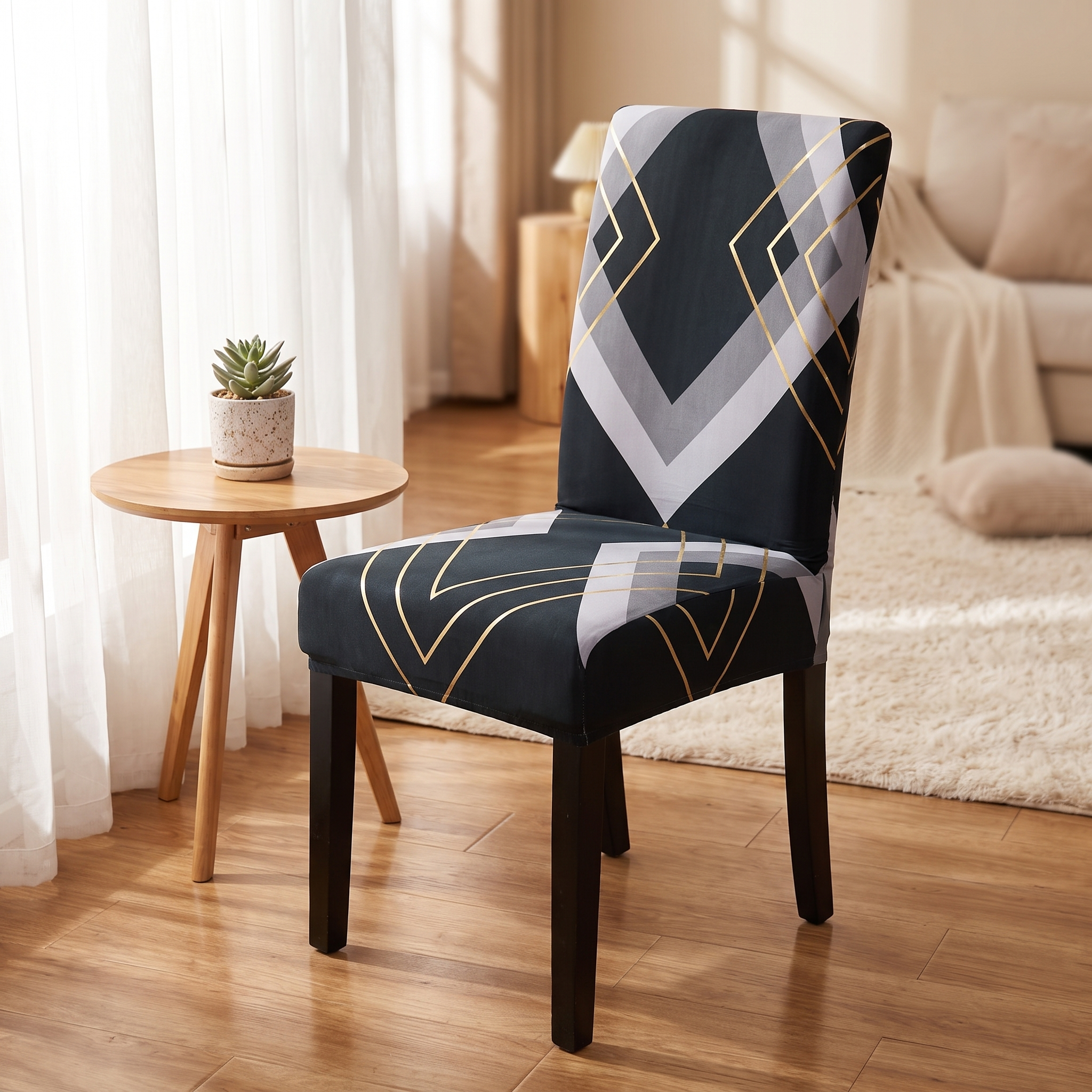 Stretch Dining Chair Cover – Navy Grey Gold Geometric Print shown in a styled home interior | Brivenzo
