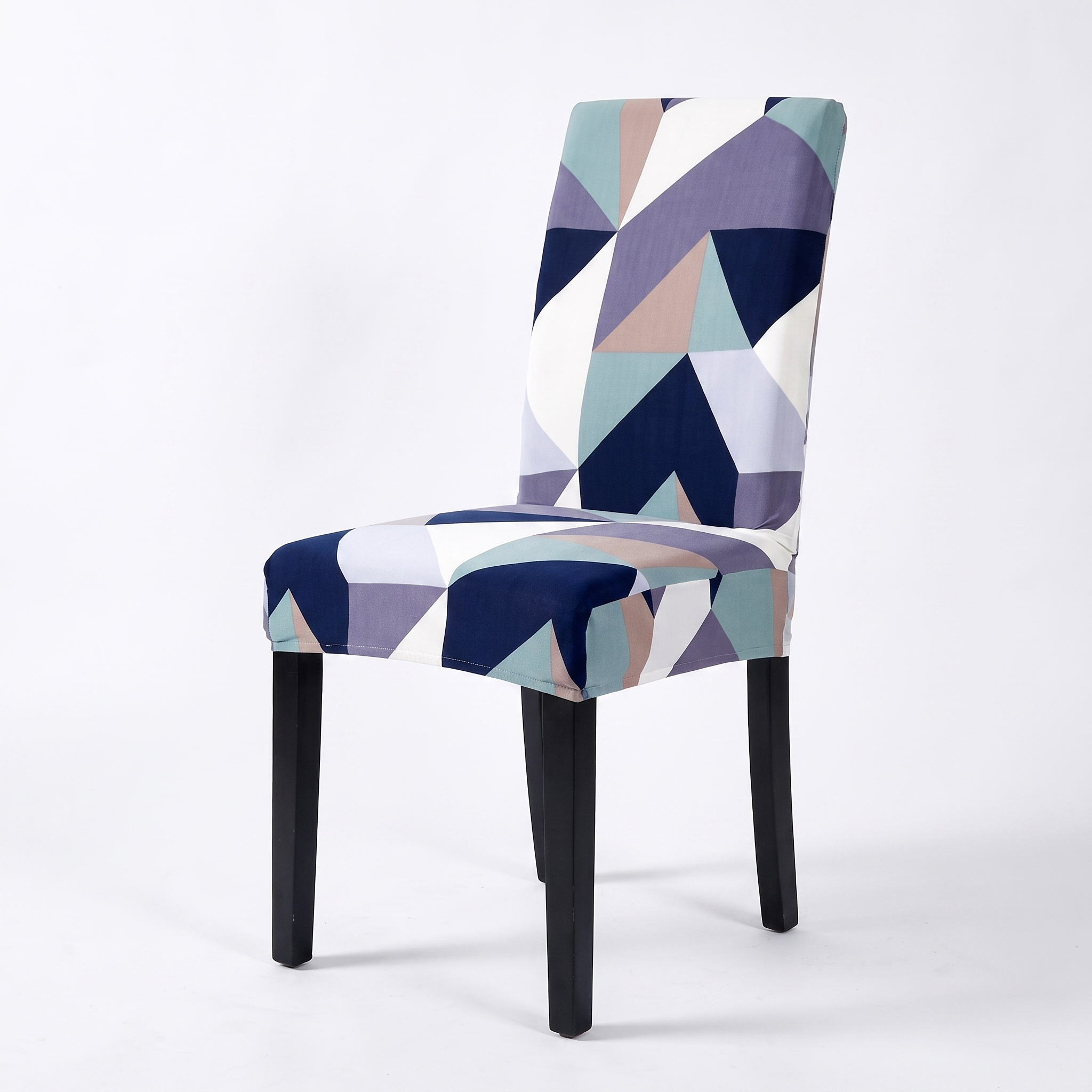 Stretch Dining Chair Cover – Navy Teal Geometric Print – product photo on a white background | Brivenzo