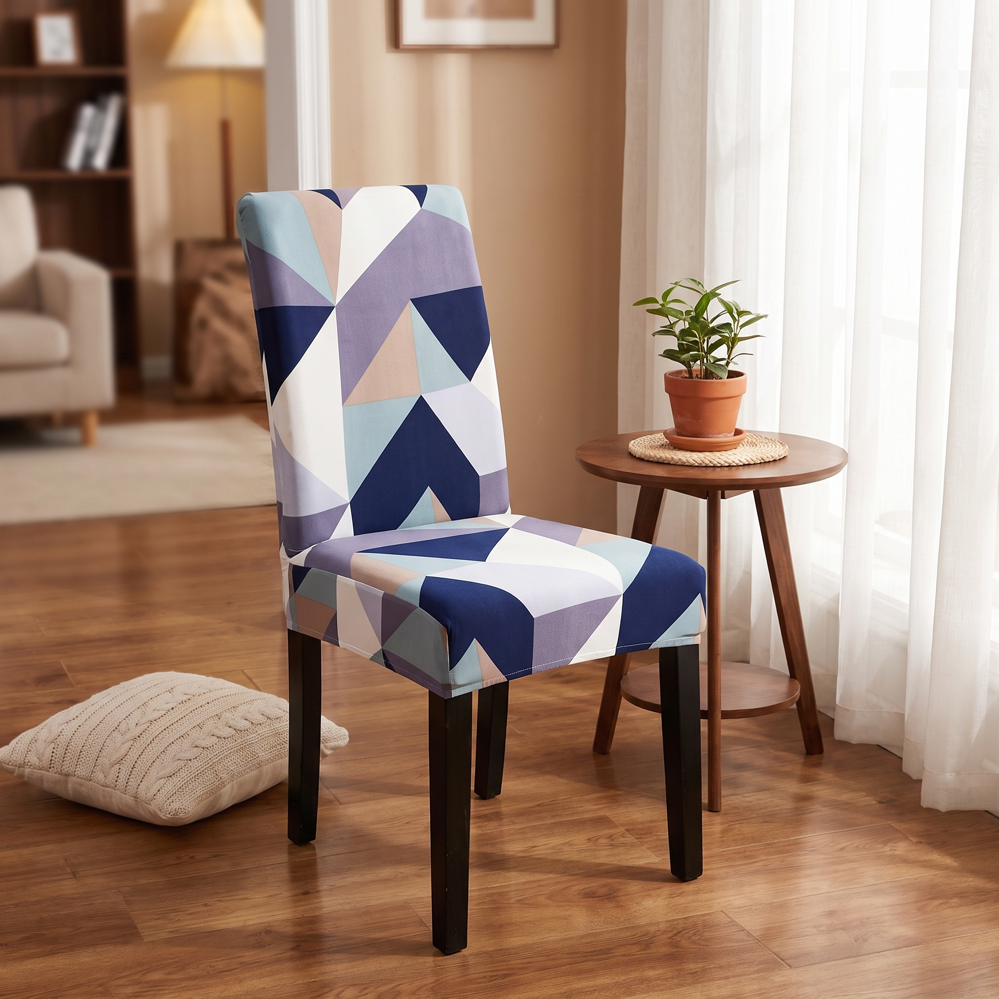 Stretch Dining Chair Cover – Navy Teal Geometric Print shown in a styled home interior | Brivenzo
