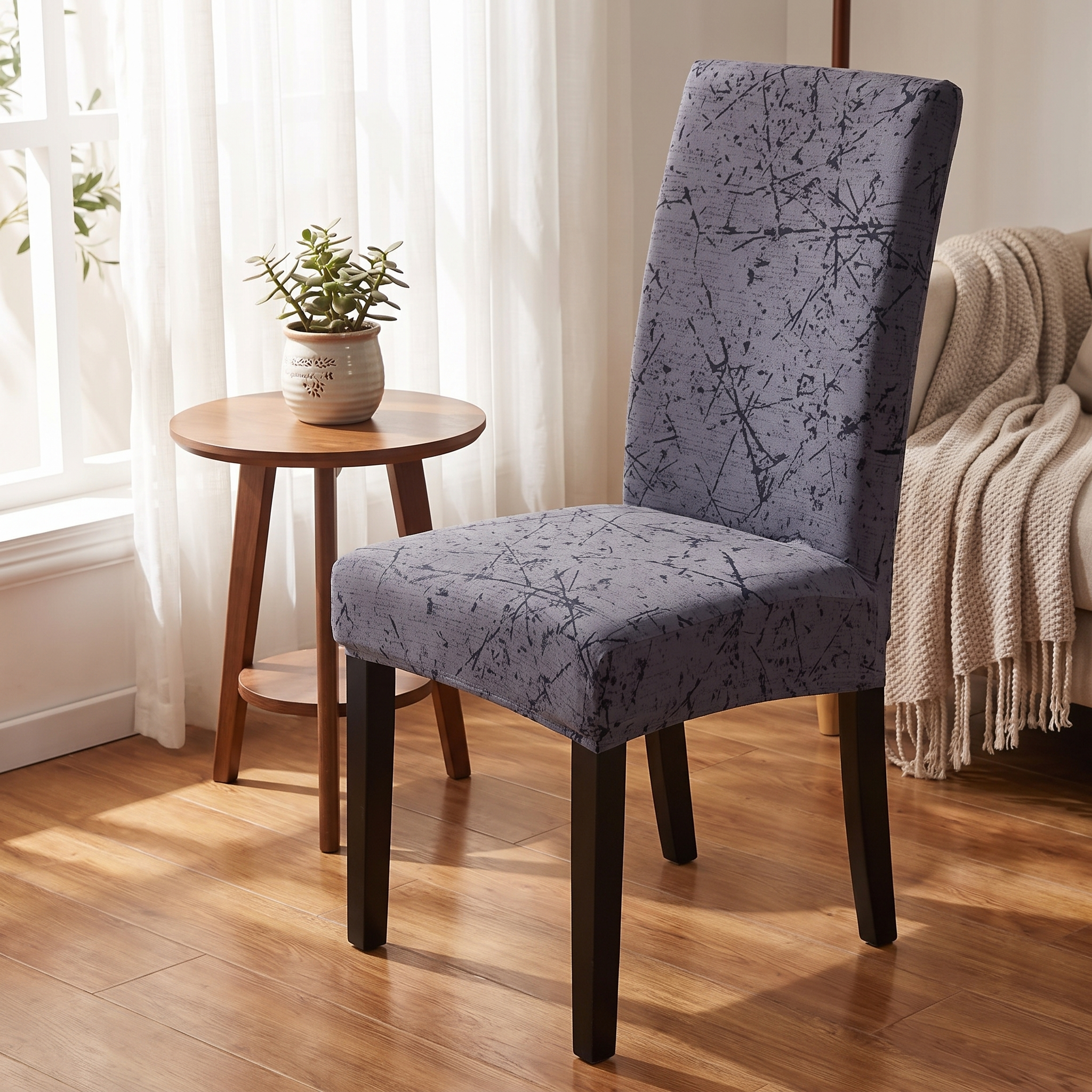 Stretch Dining Chair Cover – Slate Blue Scratch Print shown in a styled home interior | Brivenzo