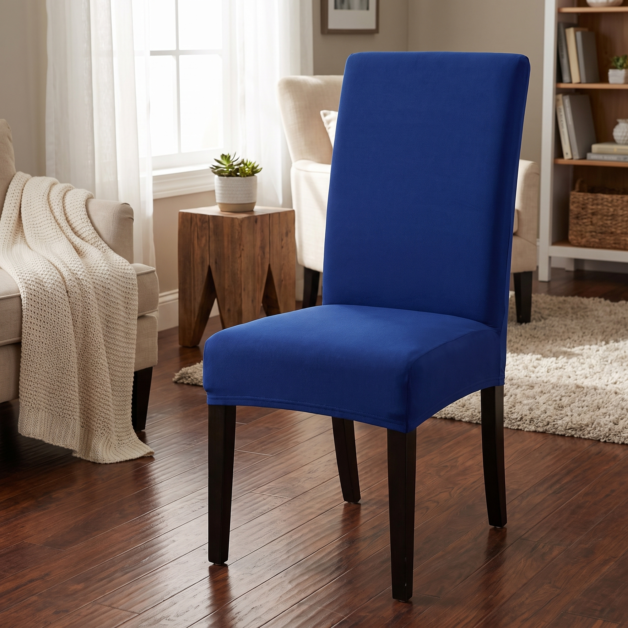 Space blue stretch dining chair cover in living room