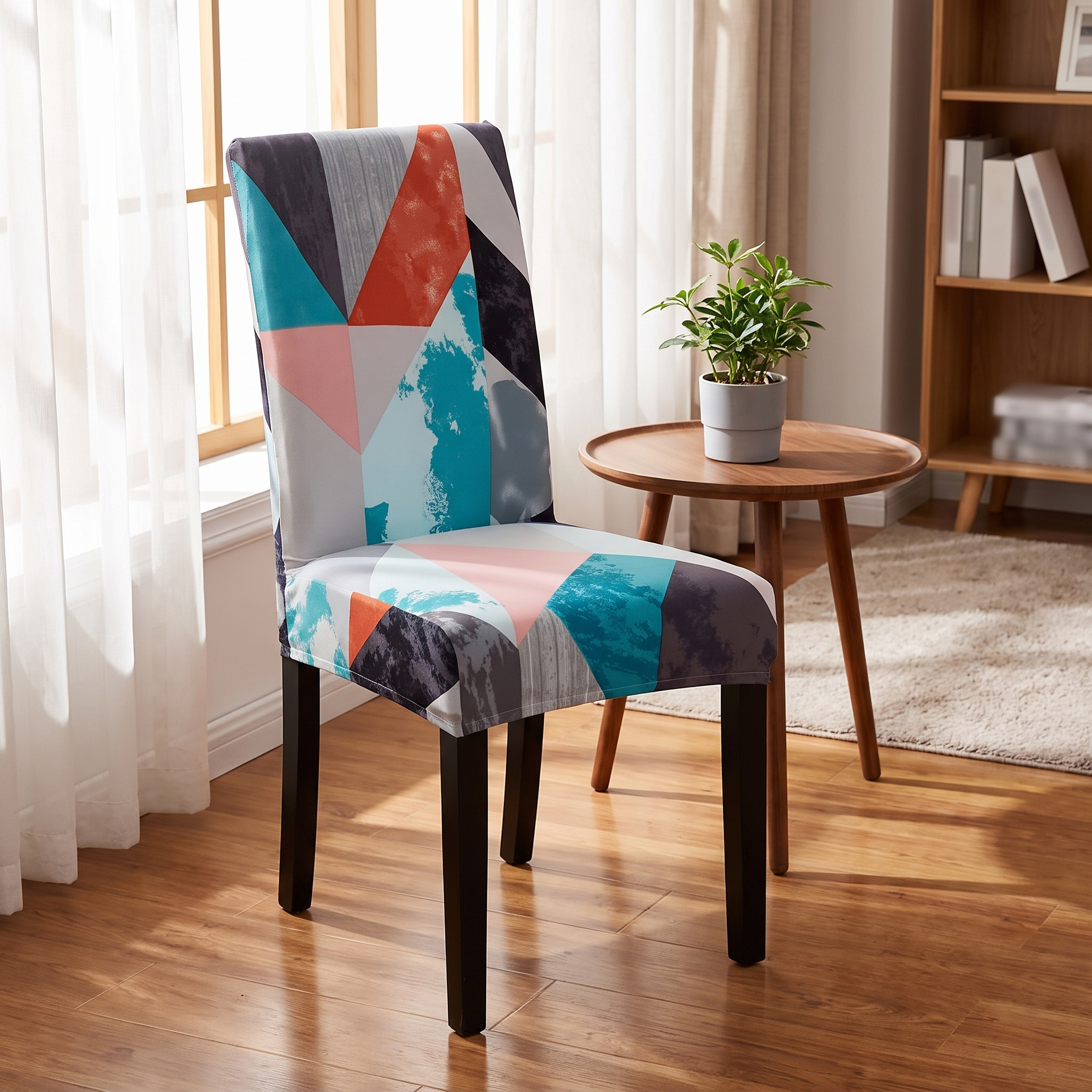 Stretch Dining Chair Cover – Teal Coral Geometric Print – product view 2 | Brivenzo