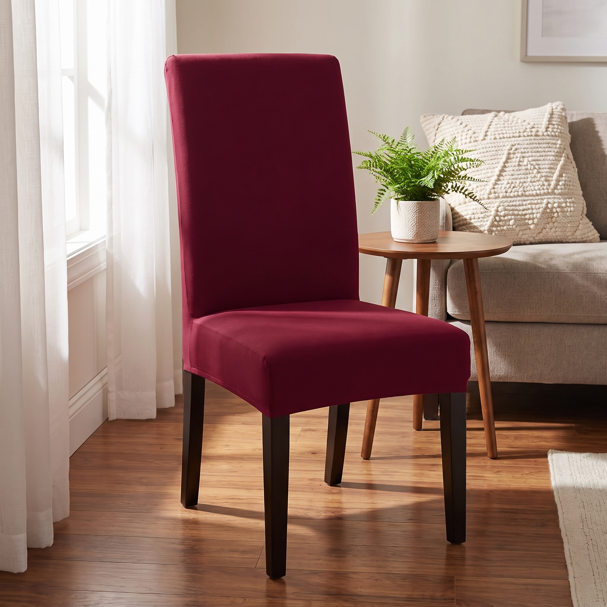 Stretch Dining Chair Cover – Wine Red shown in a styled home interior | Brivenzo