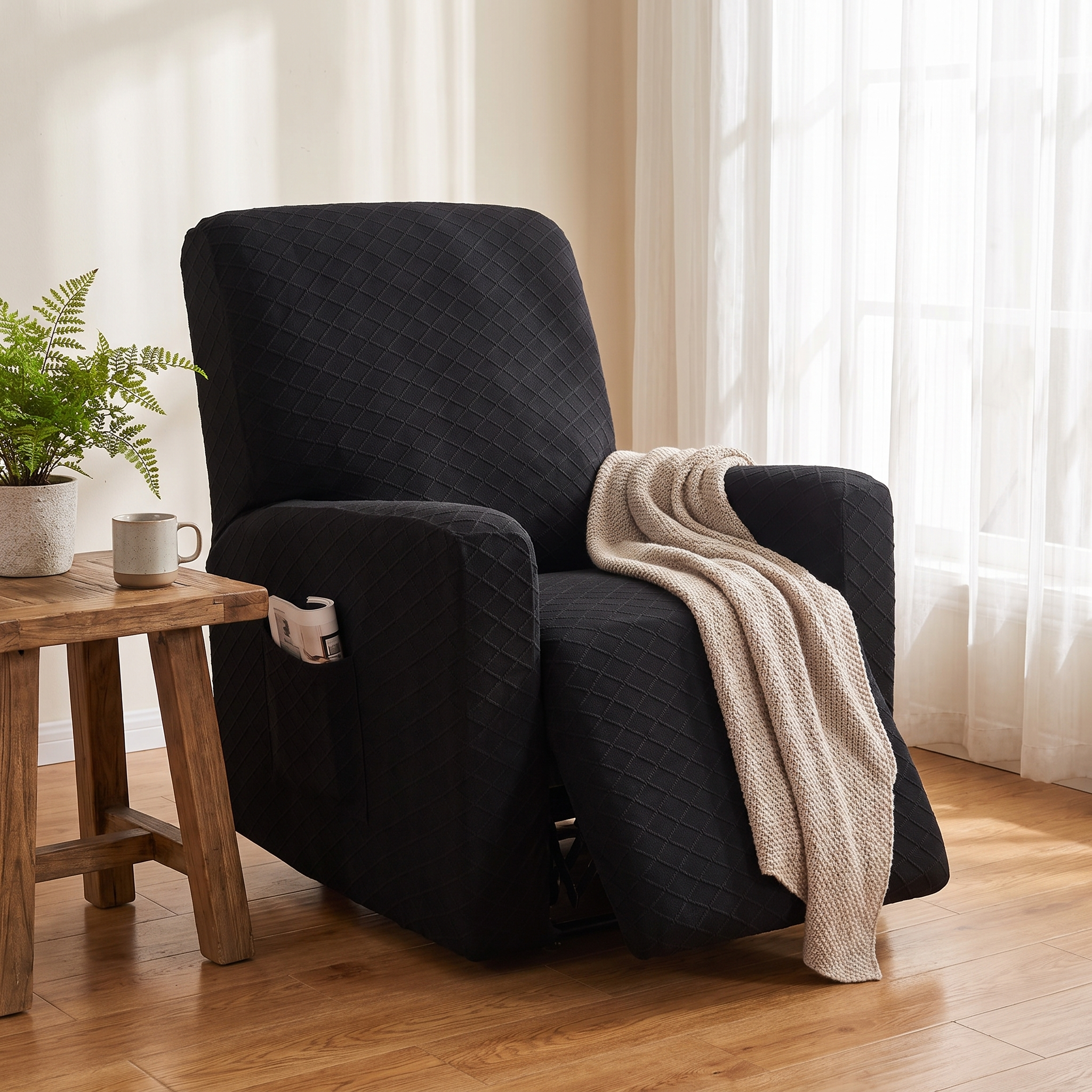 Stretch Recliner Chair Cover – Black shown in a styled home interior | Brivenzo