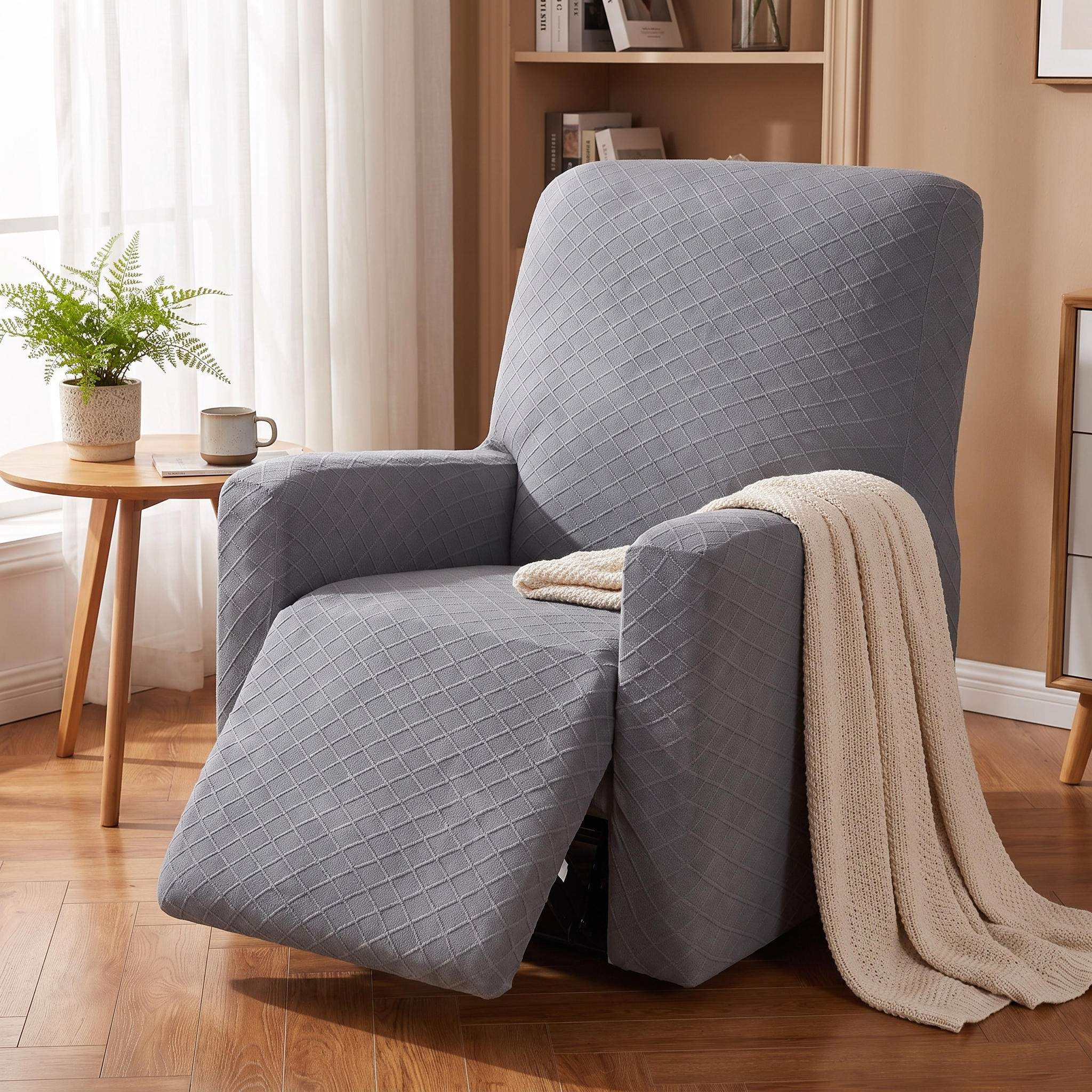 Stretch Recliner Chair Cover – Light Grey shown in a styled home interior | Brivenzo