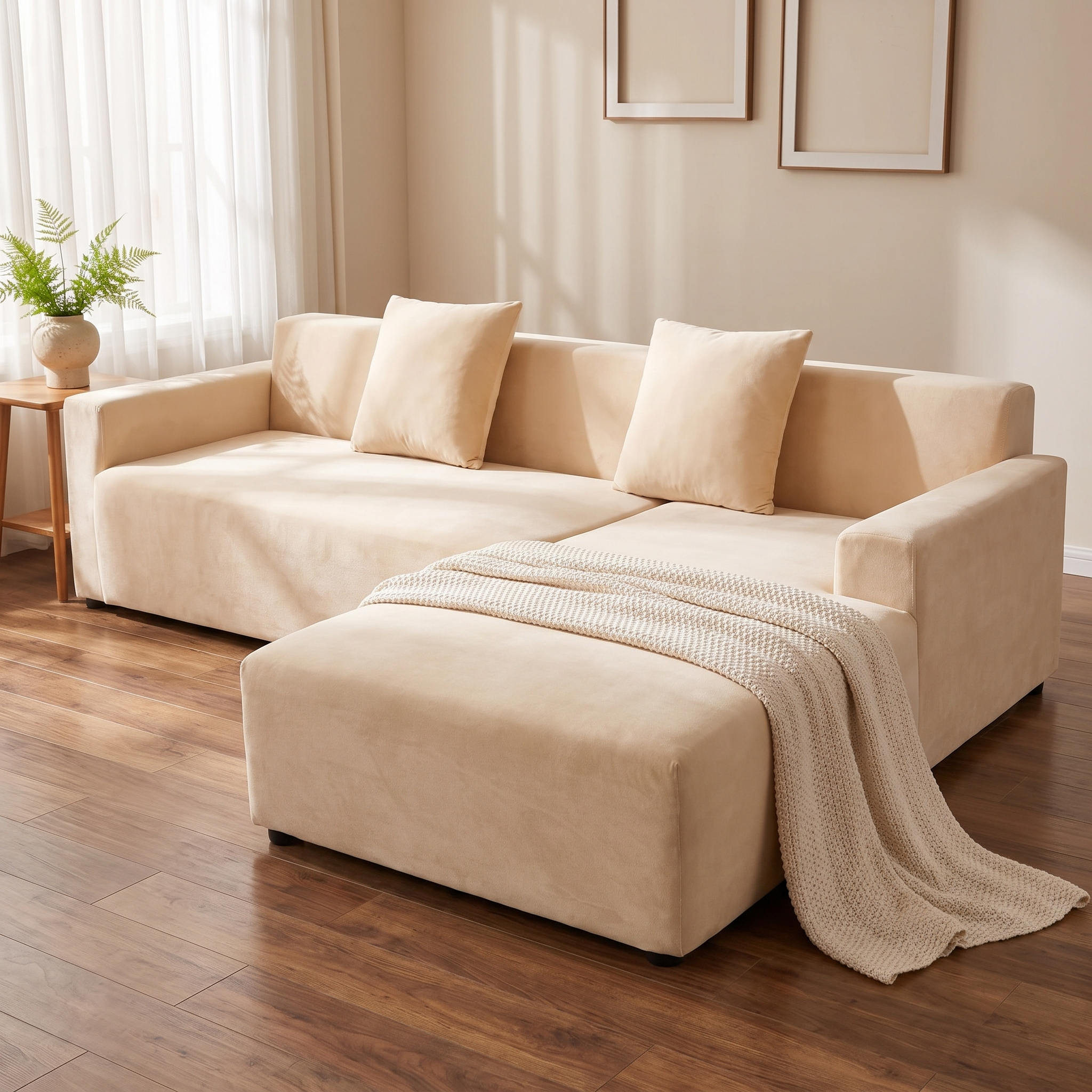 Stretch Sectional Couch Cover – Beige Velvet shown in a styled home interior | Brivenzo