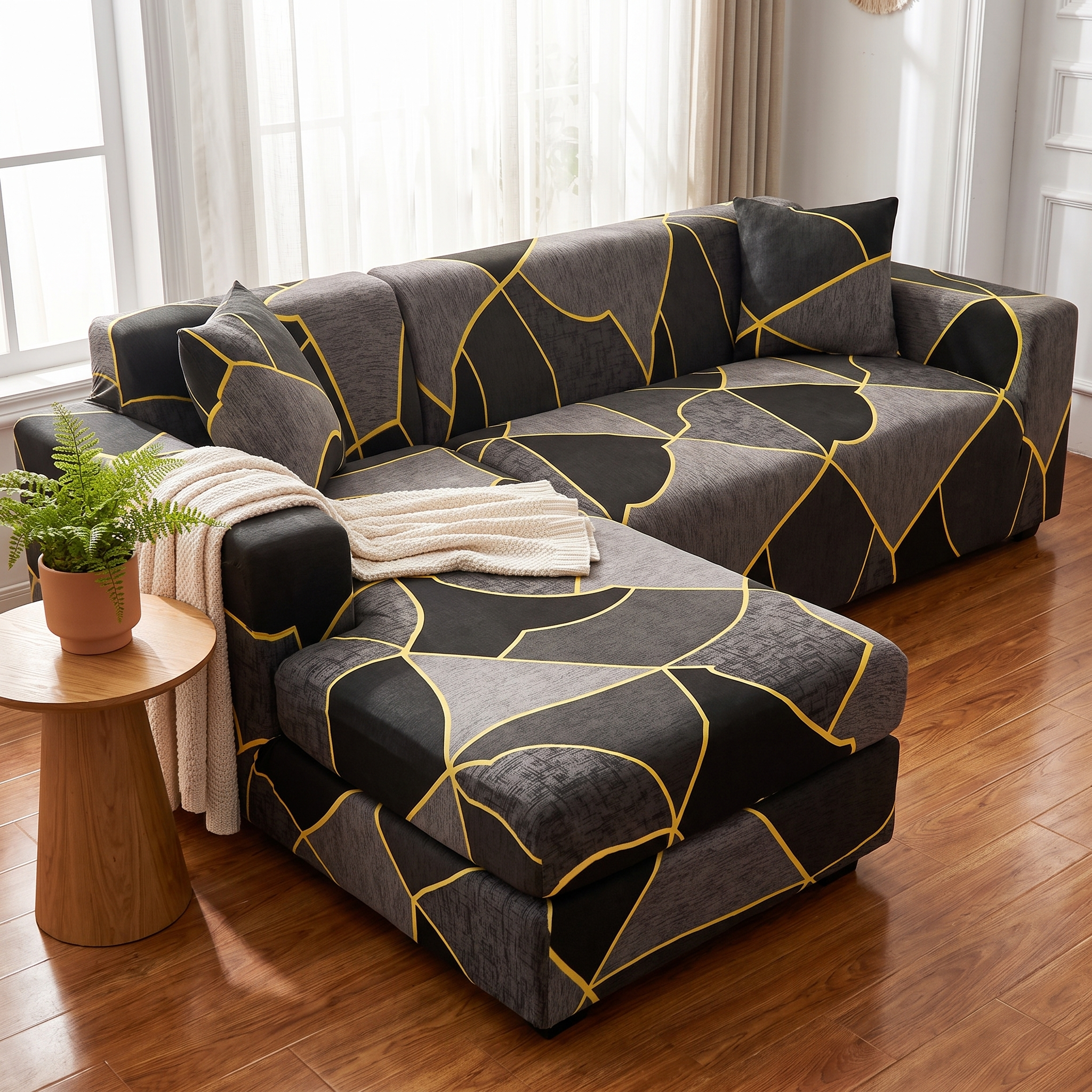 Stretch Sectional Couch Cover – Black & Gold Geometric Fracture Print shown in a styled home interior | Brivenzo