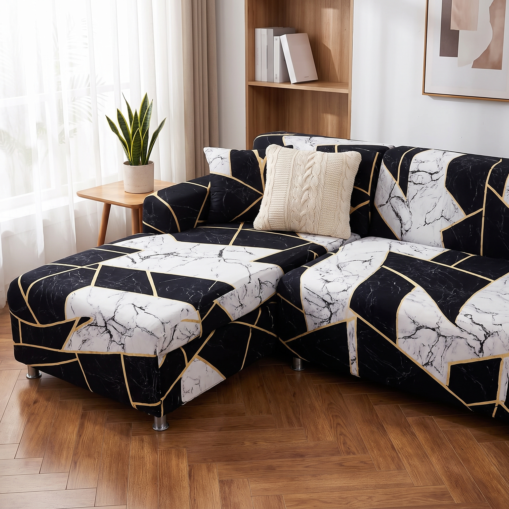 Stretch Sectional Couch Cover – Black & White Marble Abstract Print shown in a styled home interior | Brivenzo