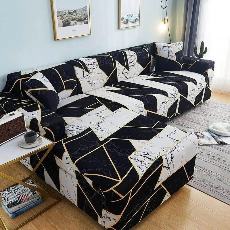 Stretch Sectional Couch Cover – Black & White Marble Abstract Print – product view 4 | Brivenzo