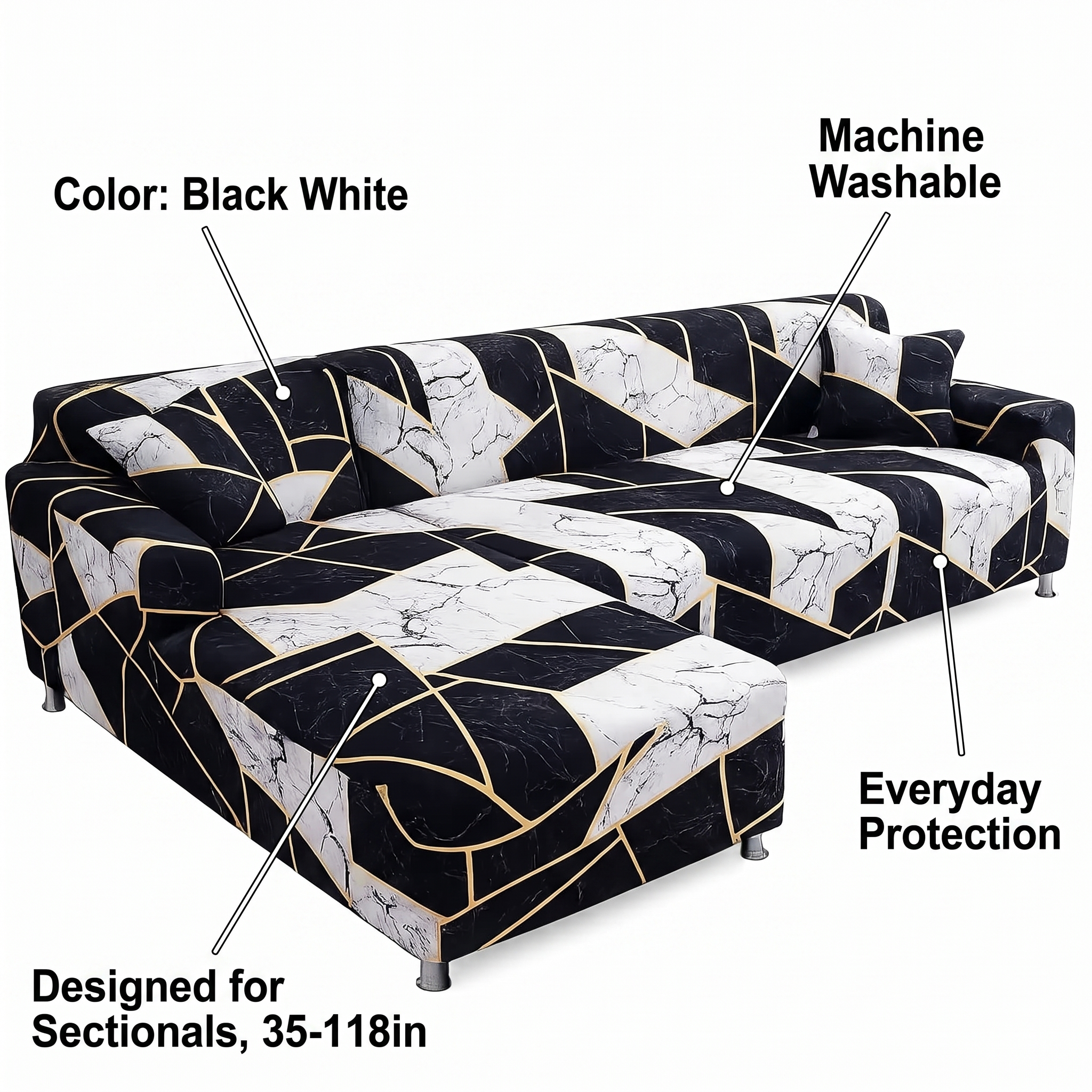 Stretch Sectional Couch Cover – Black & White Marble Abstract Print – features and specifications overview | Brivenzo