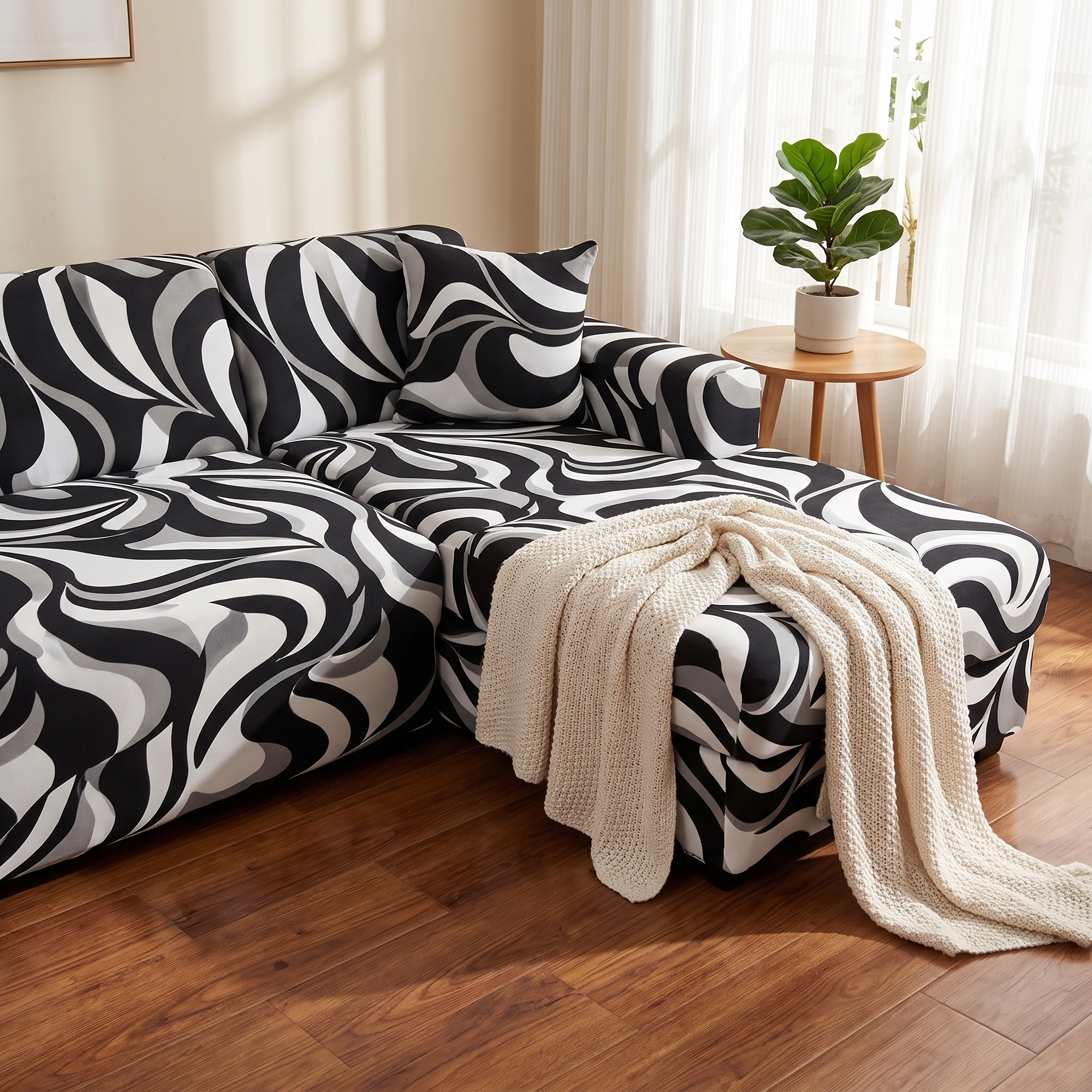 Stretch Sectional Couch Cover – Black & White Swirl Print shown in a styled home interior | Brivenzo