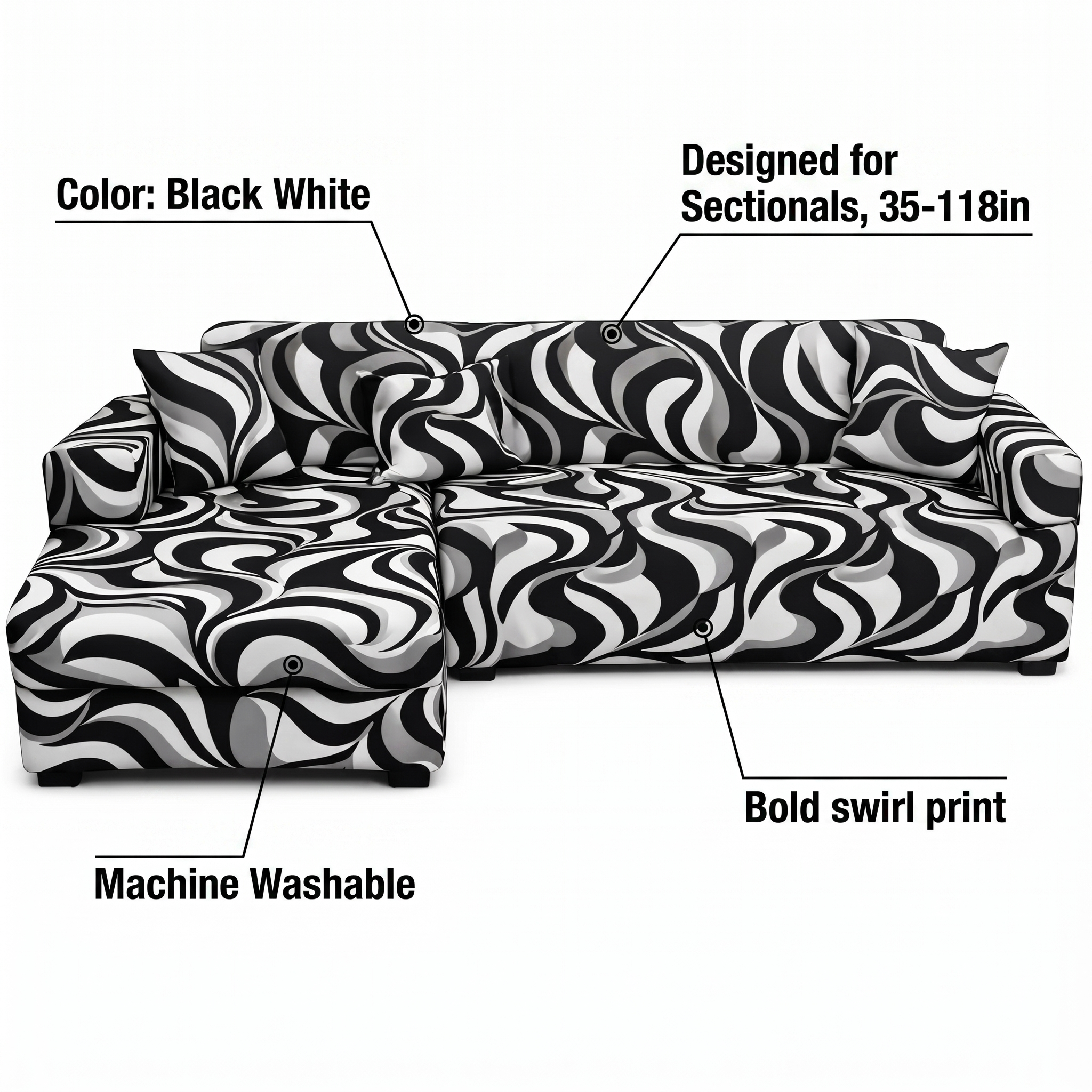 Stretch Sectional Couch Cover – Black & White Swirl Print – features and specifications overview | Brivenzo