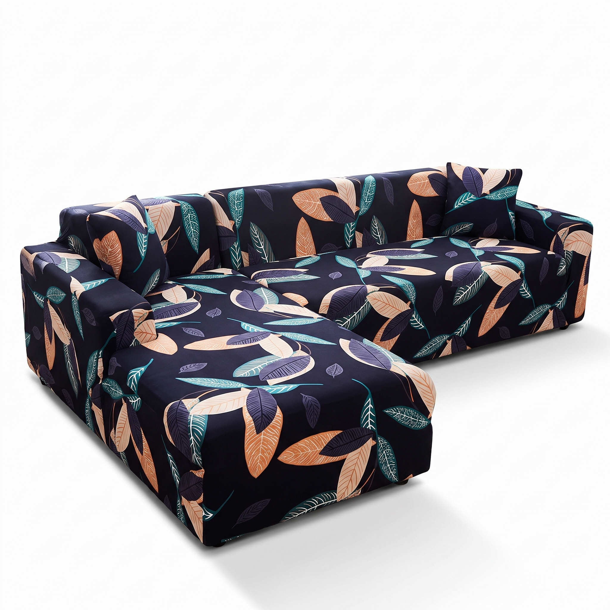 Stretch Sectional Couch Cover β Black Autumn Leaf Print β product photo on a white background | Brivenzo