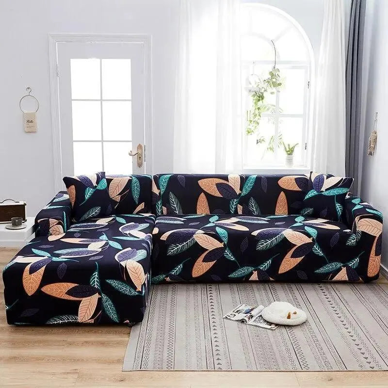 Stretch Sectional Couch Cover β Black Autumn Leaf Print β product view 4 | Brivenzo