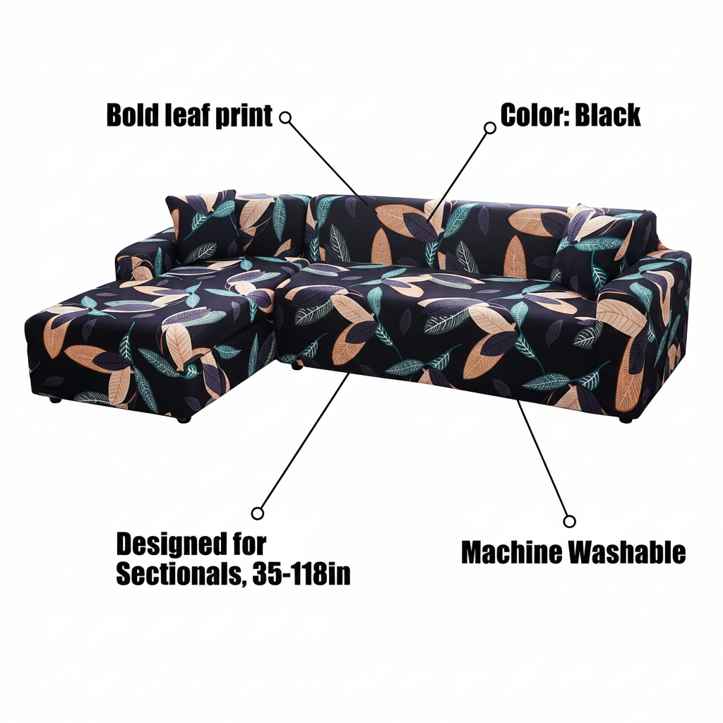 Stretch Sectional Couch Cover β Black Autumn Leaf Print β features and specifications overview | Brivenzo