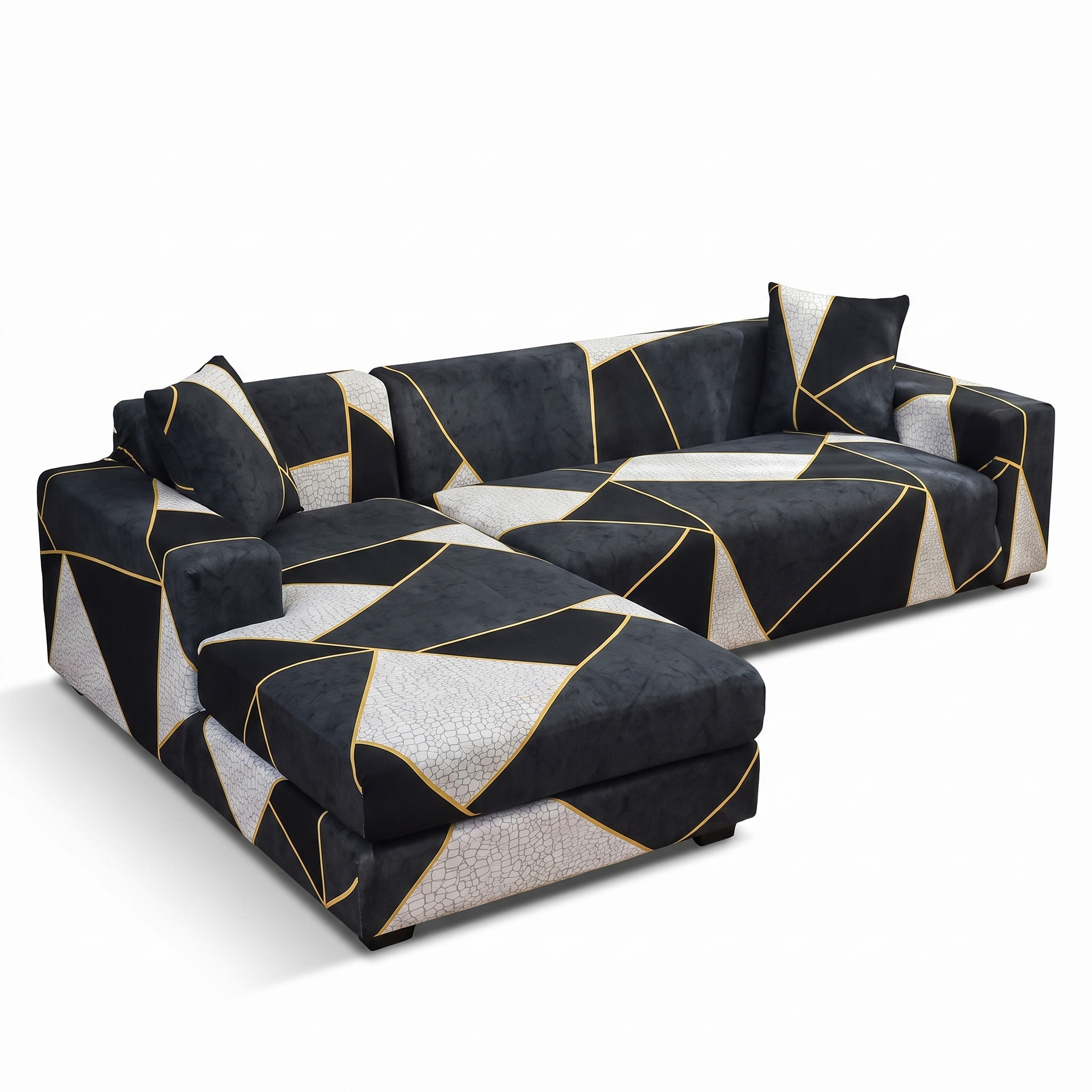 Stretch Sectional Couch Cover – Black Gold Geometric Print – product photo on a white background | Brivenzo