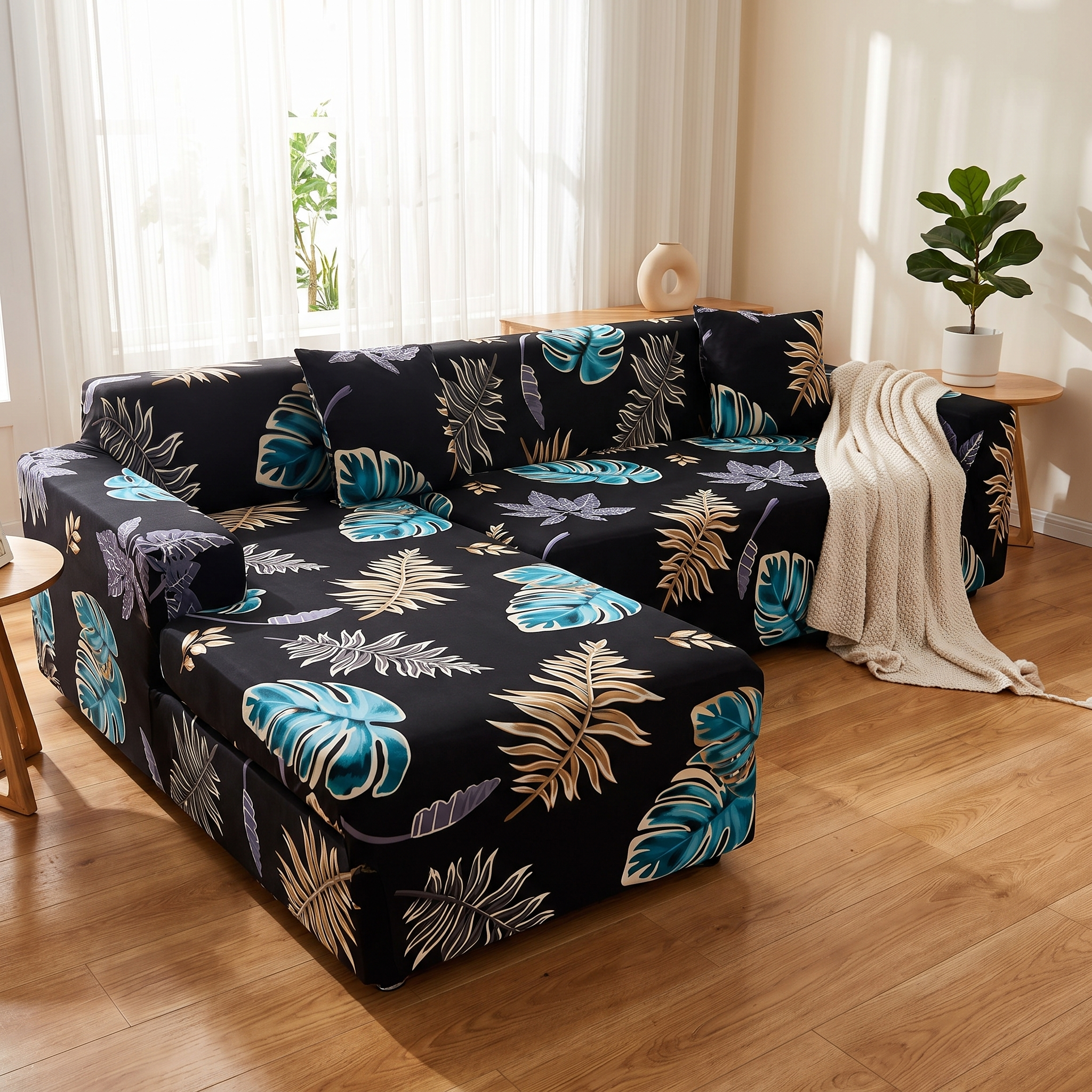 Stretch Sectional Couch Cover – Black Tropical Palm Leaf Print shown in a styled home interior | Brivenzo