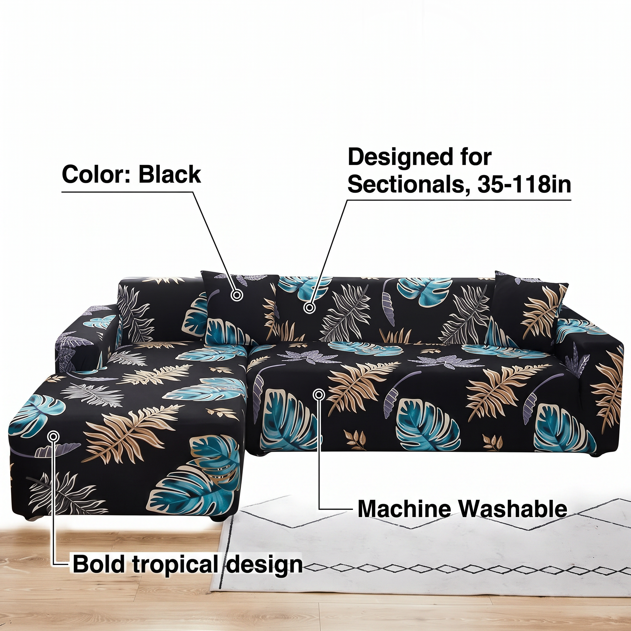 Stretch Sectional Couch Cover – Black Tropical Palm Leaf Print – features and specifications overview | Brivenzo