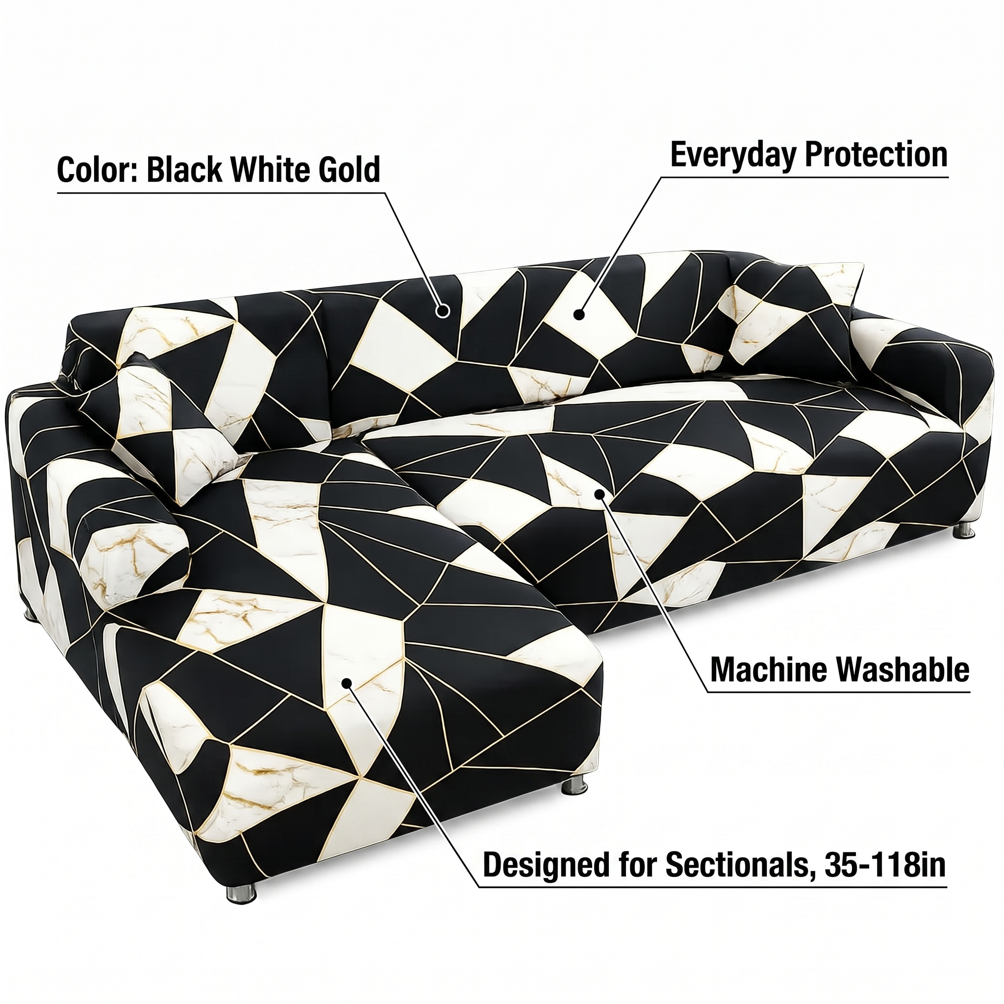 Stretch Sectional Couch Cover – Black White Gold Marble Mosaic Print – features and specifications overview | Brivenzo
