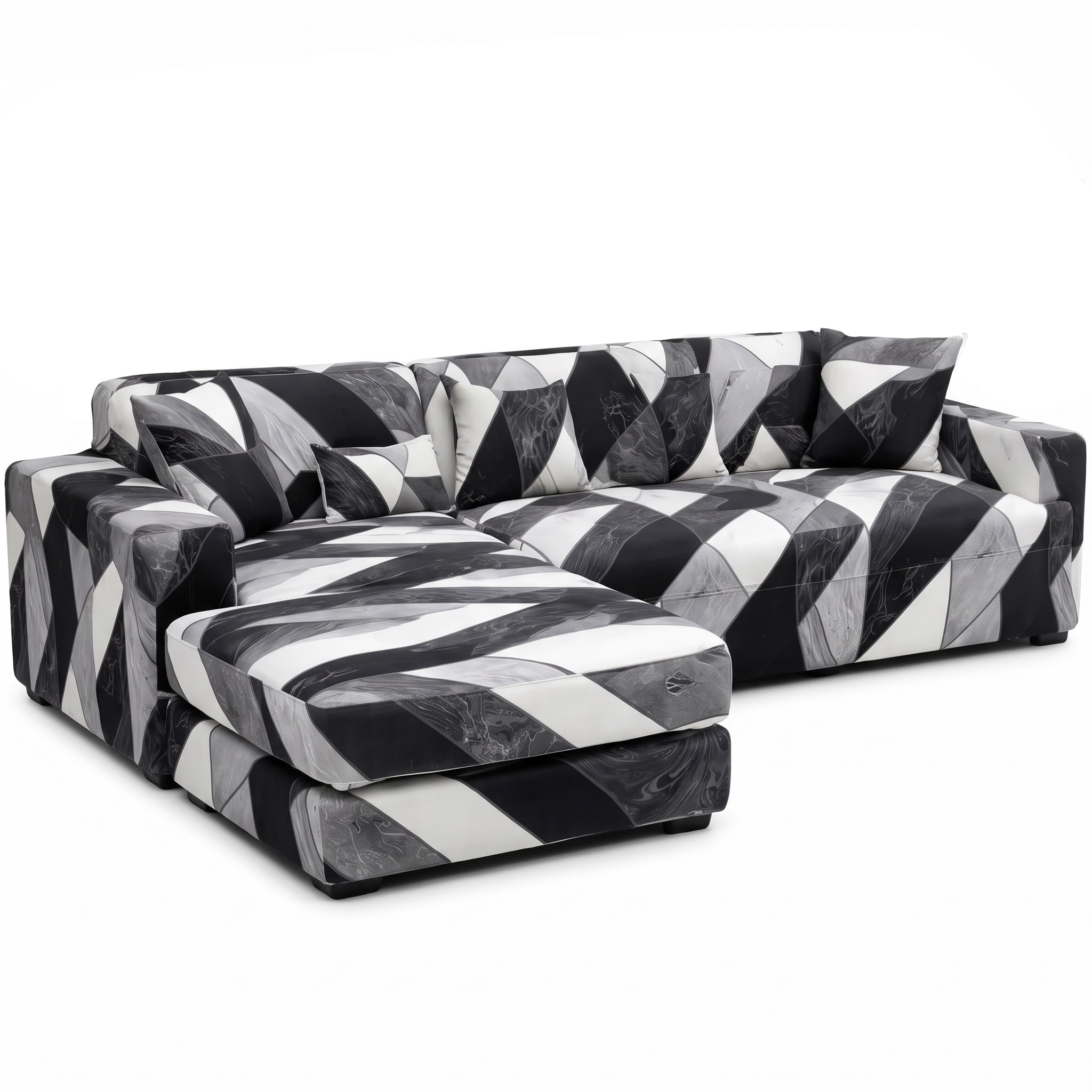 Stretch Sectional Couch Cover – Black White Grey Diagonal Marble Print – product photo on a white background | Brivenzo