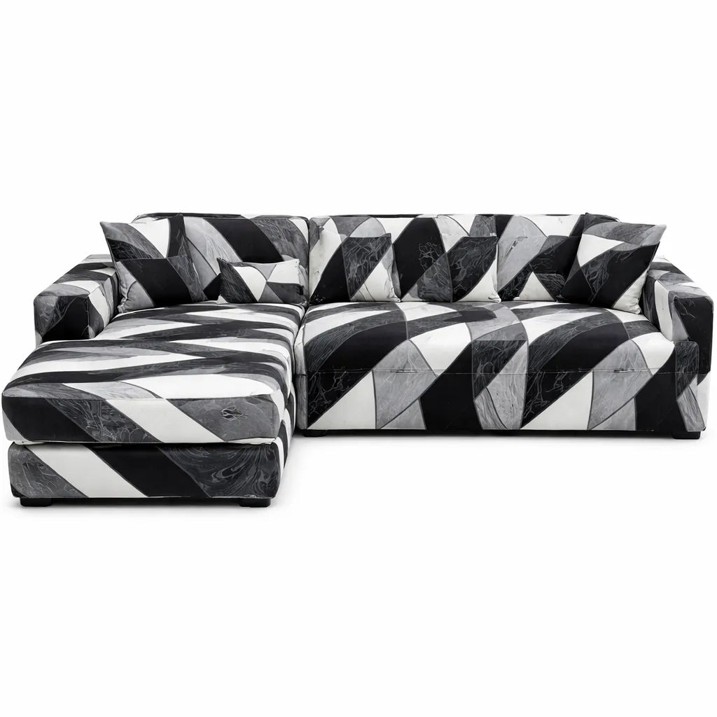 Stretch Sectional Couch Cover – Black White Grey Diagonal Marble Print – product view 4 | Brivenzo