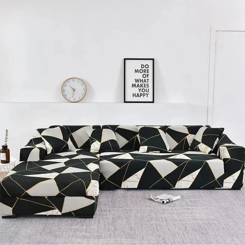 Stretch Sectional Couch Cover – Black White Marble Triangle Print – product view 4 | Brivenzo