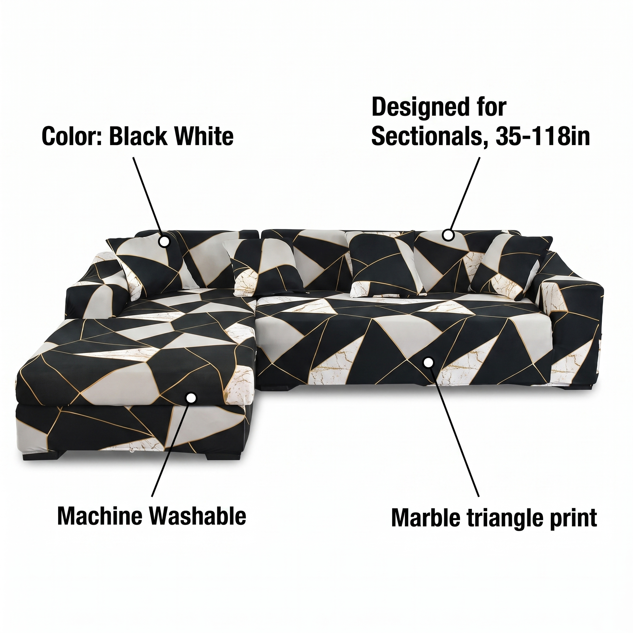Stretch Sectional Couch Cover – Black White Marble Triangle Print – features and specifications overview | Brivenzo