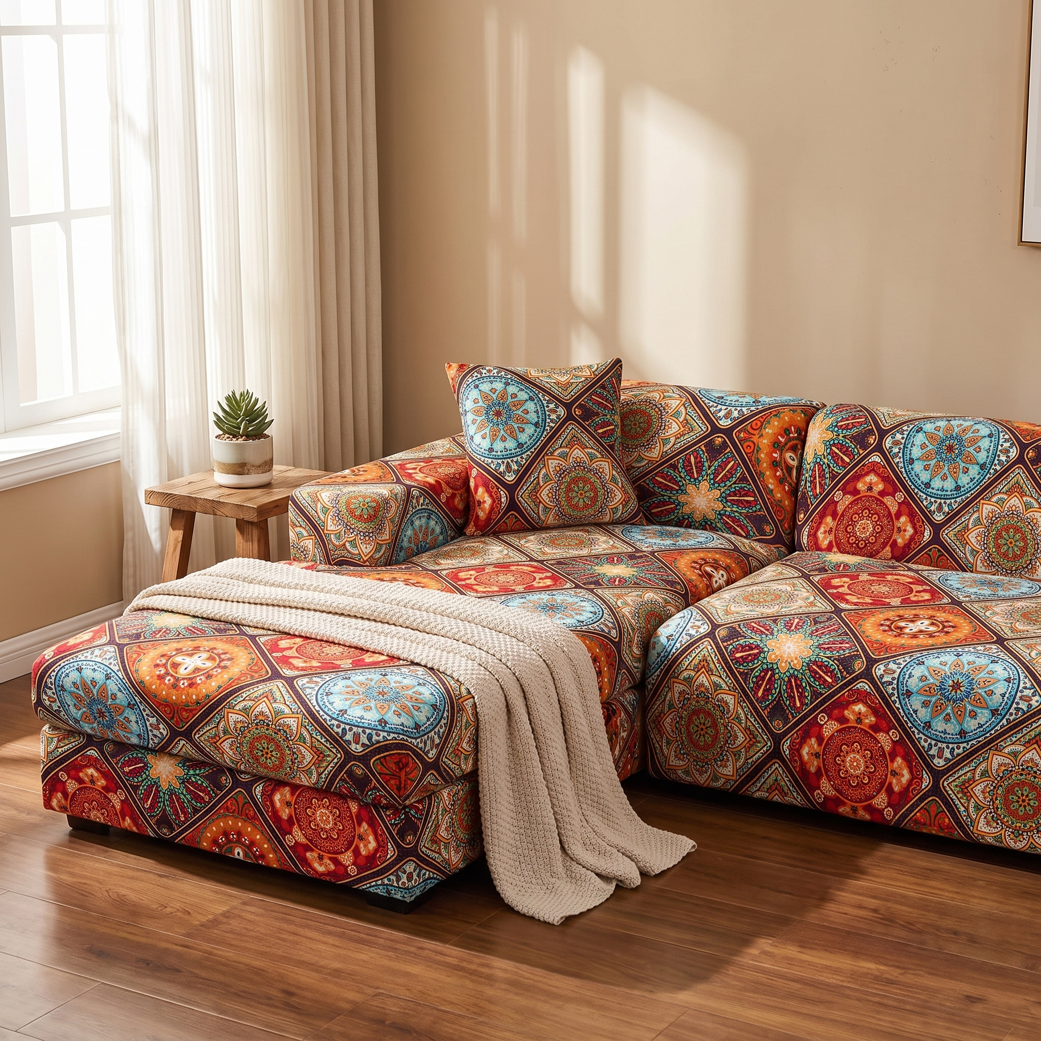 Stretch Sectional Couch Cover – Bohemian Mandala Mosaic Print shown in a styled home interior | Brivenzo