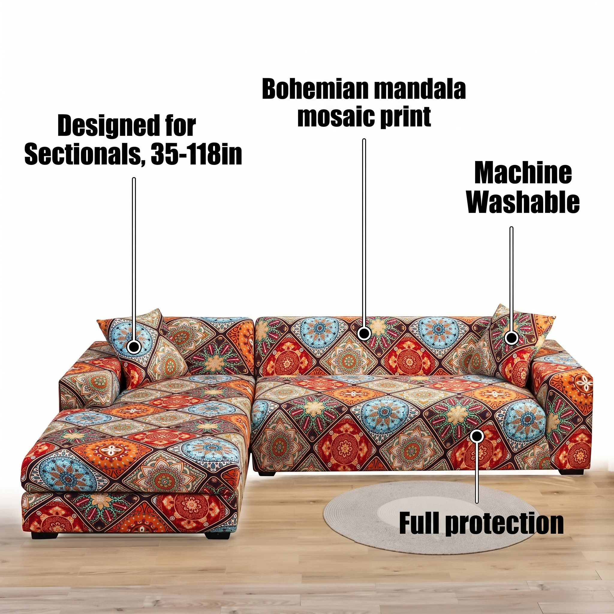 Stretch Sectional Couch Cover – Bohemian Mandala Mosaic Print – features and specifications overview | Brivenzo
