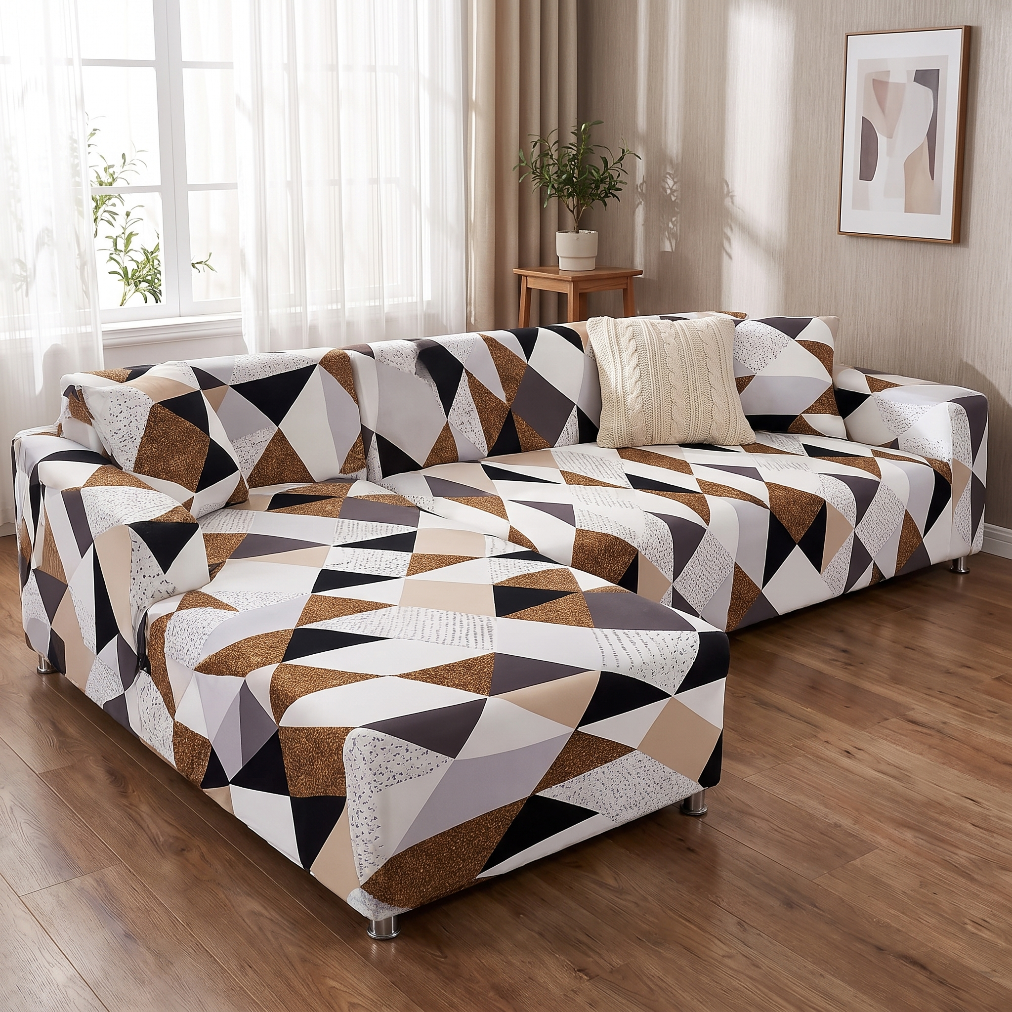 Stretch Sectional Couch Cover – Brown & Black Geometric Mosaic Print shown in a styled home interior | Brivenzo