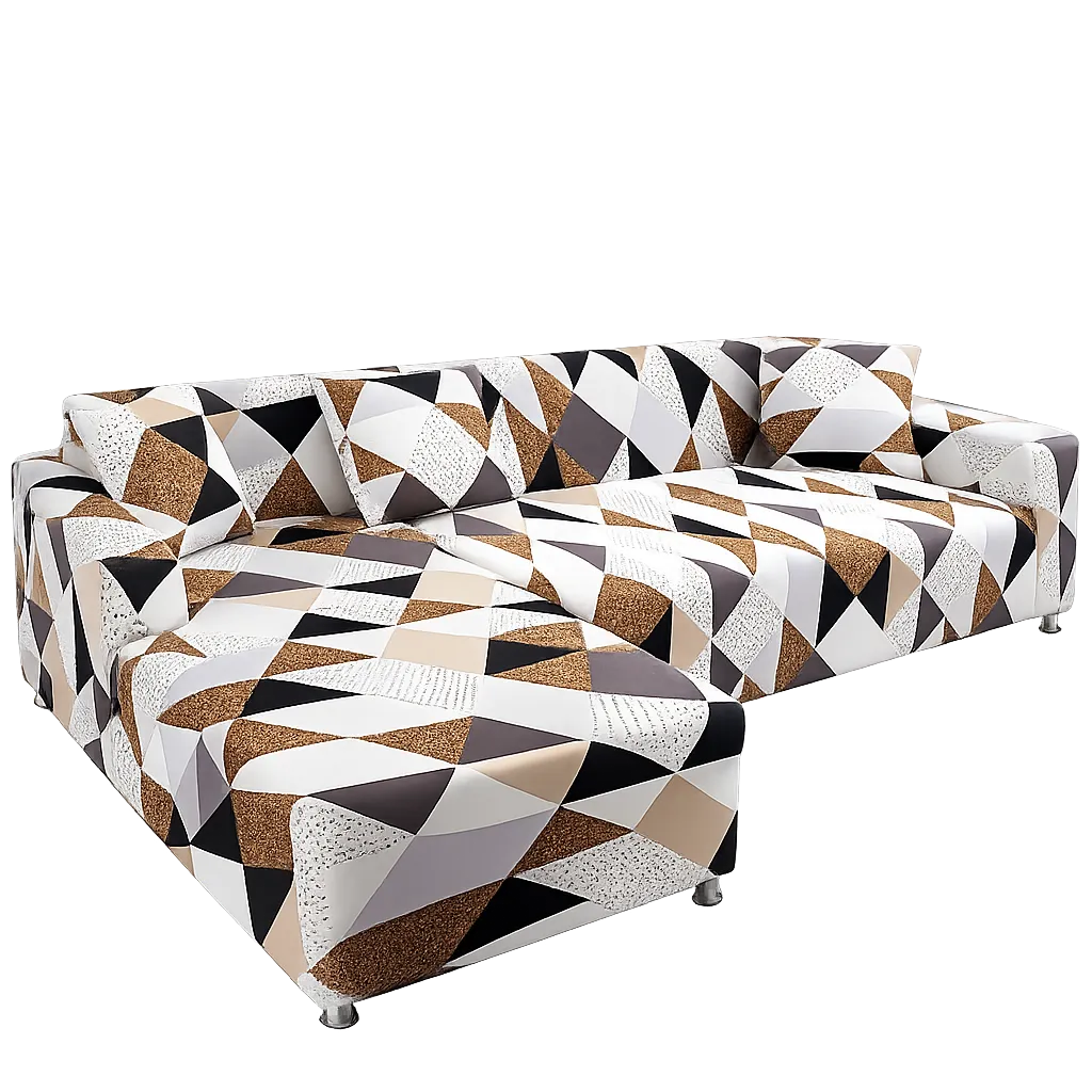 Stretch Sectional Couch Cover – Brown & Black Geometric Mosaic Print – product view 1 | Brivenzo