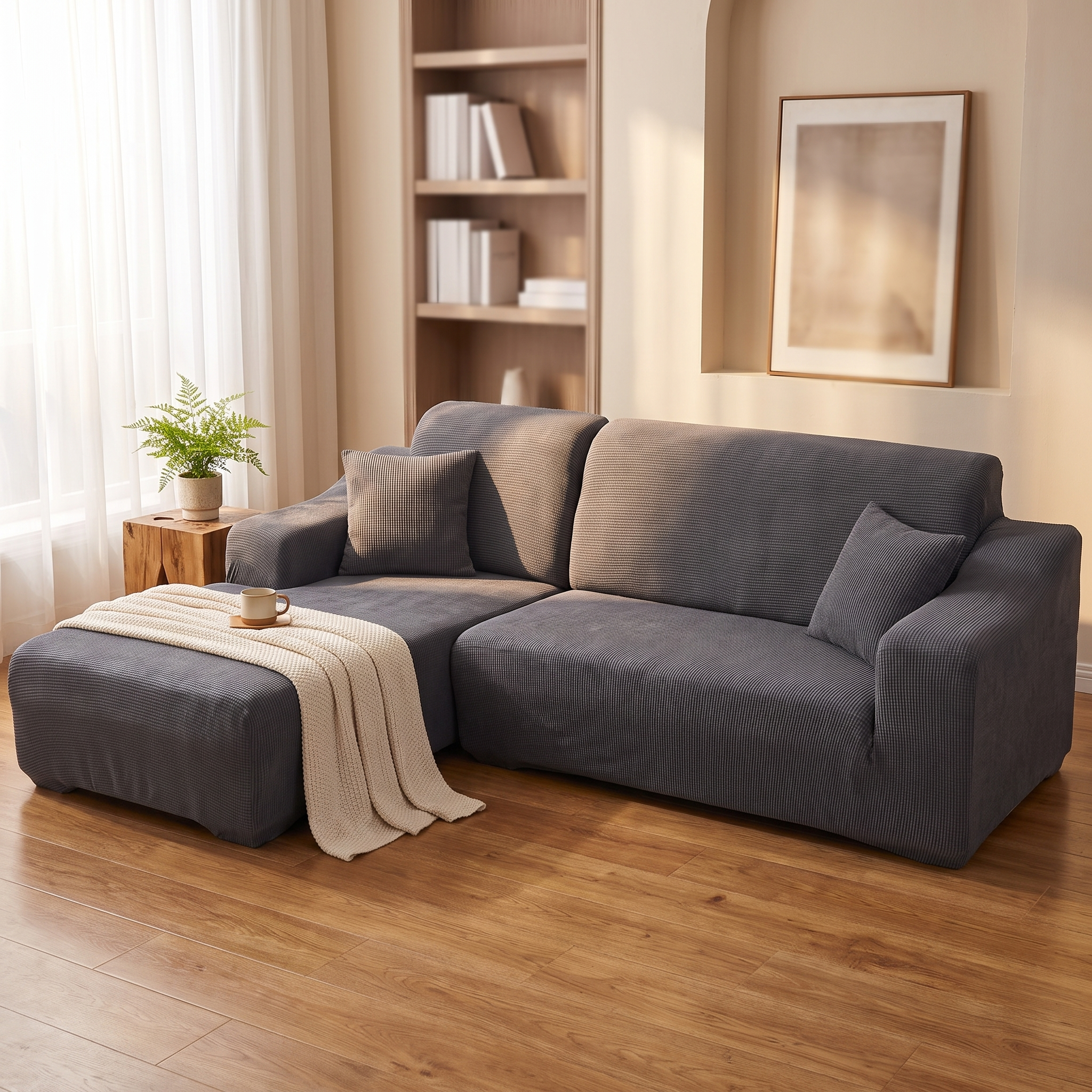 Stretch Sectional Couch Cover – Charcoal Grey Ribbed Knit shown in a styled home interior | Brivenzo
