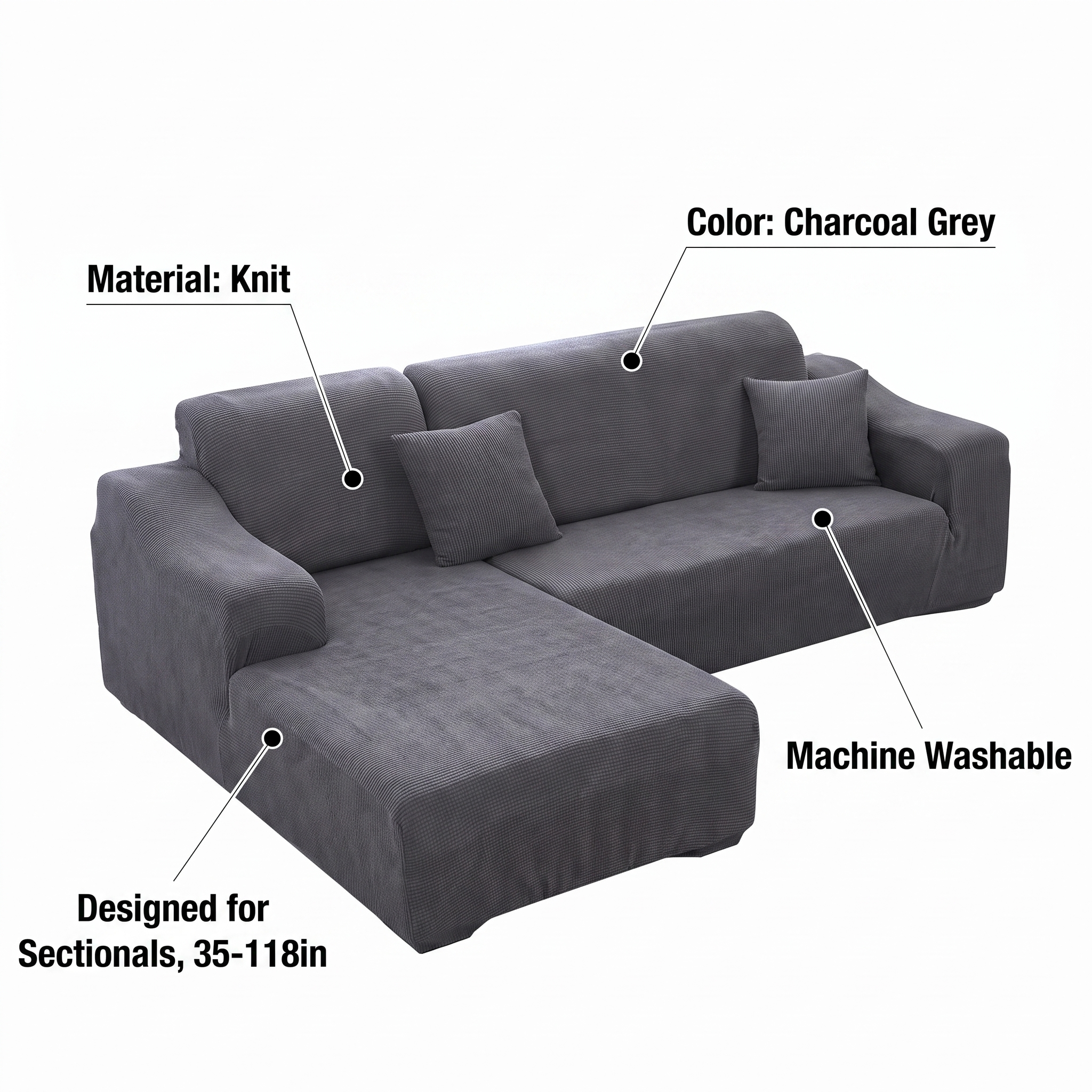 Stretch Sectional Couch Cover – Charcoal Grey Ribbed Knit – features and specifications overview | Brivenzo