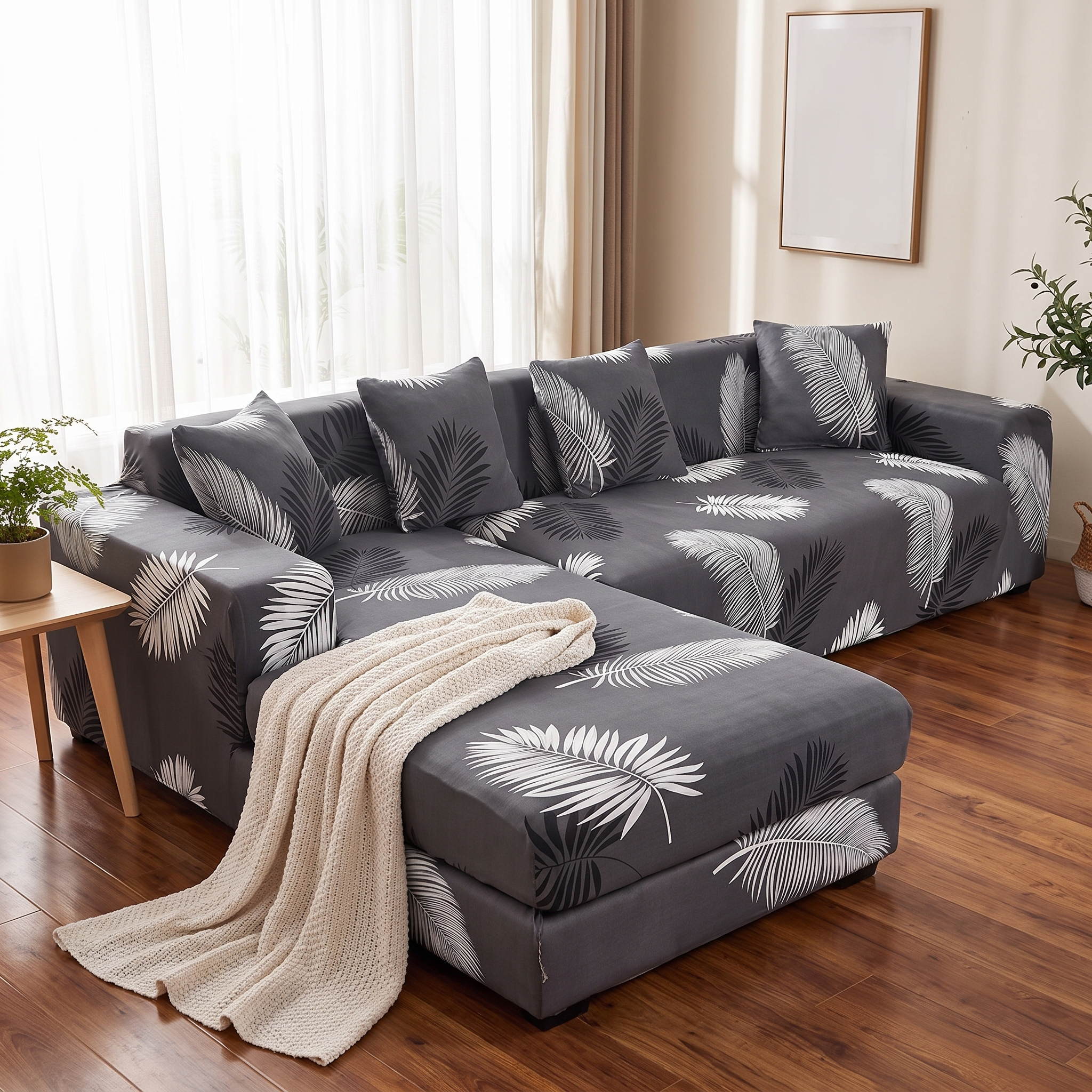 Stretch Sectional Couch Cover – Charcoal White Palm Leaf Print shown in a styled home interior | Brivenzo