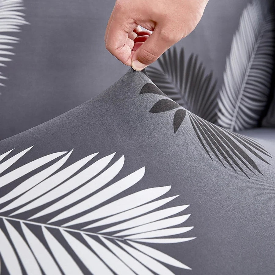 Stretch Sectional Couch Cover – Charcoal White Palm Leaf Print – product view 5 | Brivenzo