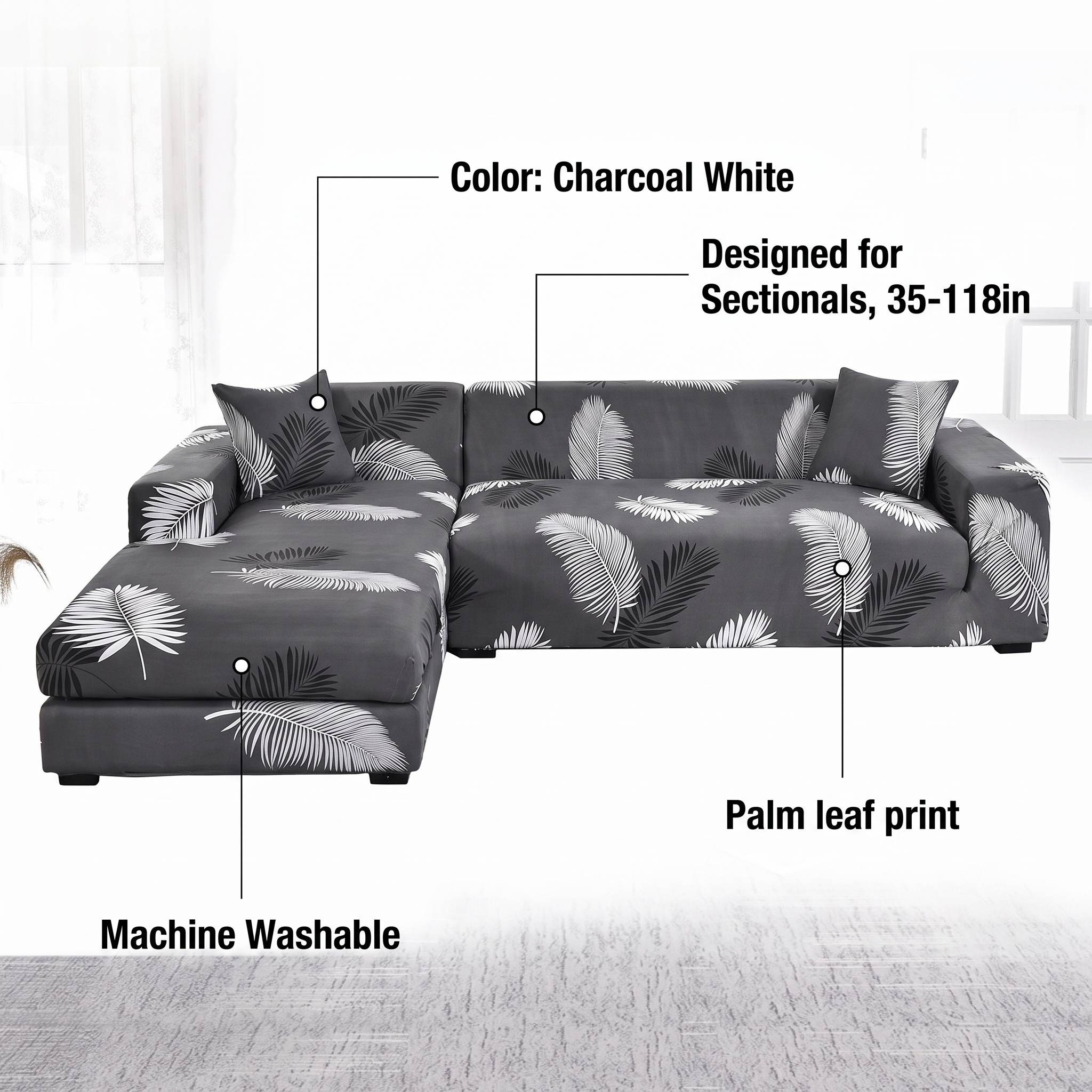 Stretch Sectional Couch Cover – Charcoal White Palm Leaf Print – features and specifications overview | Brivenzo