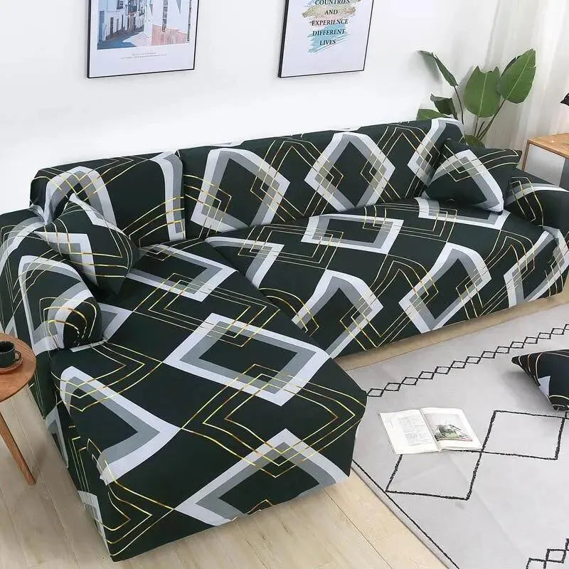 Stretch Sectional Couch Cover – Emerald Green Geometric Print – product view 4 | Brivenzo