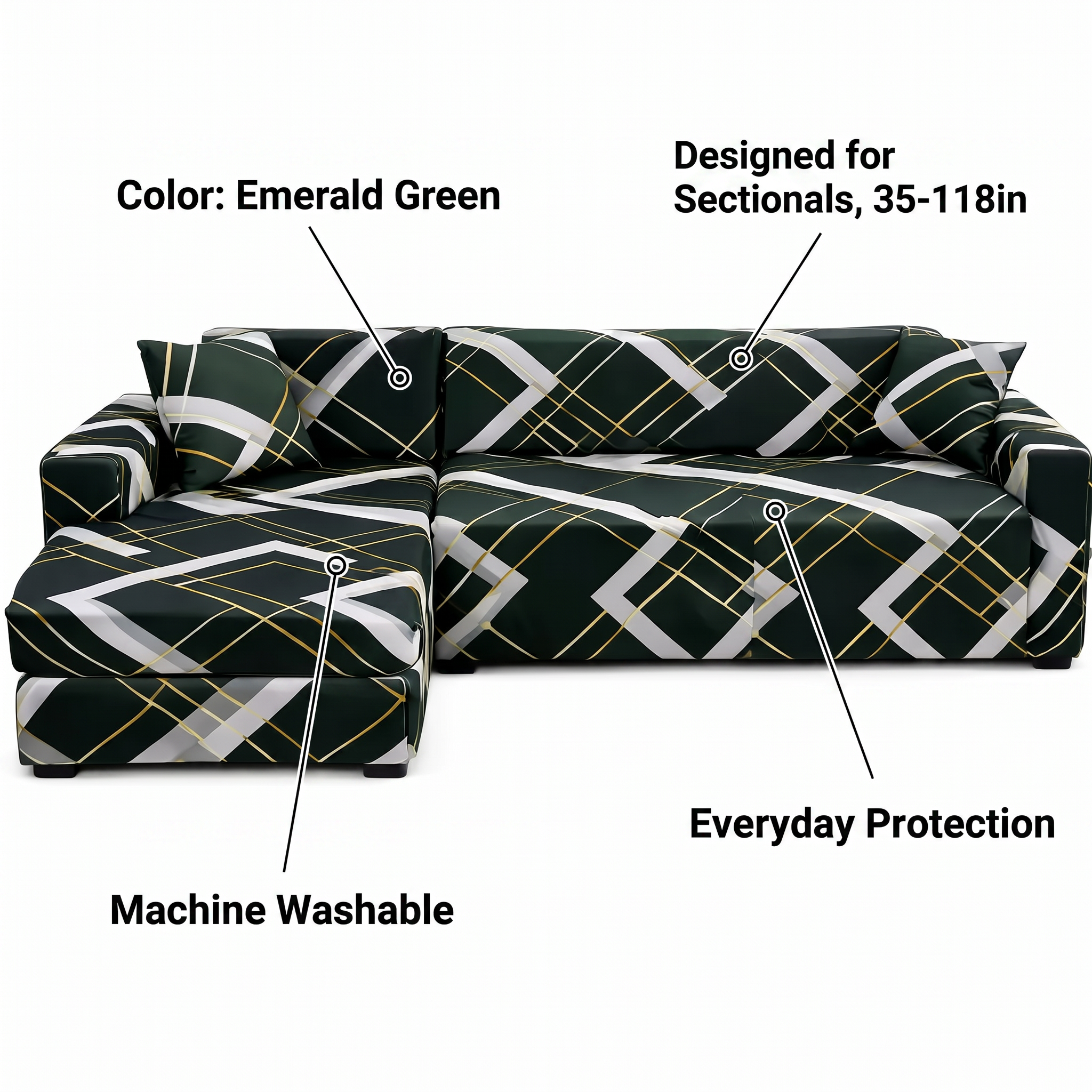 Stretch Sectional Couch Cover – Emerald Green Geometric Print – features and specifications overview | Brivenzo