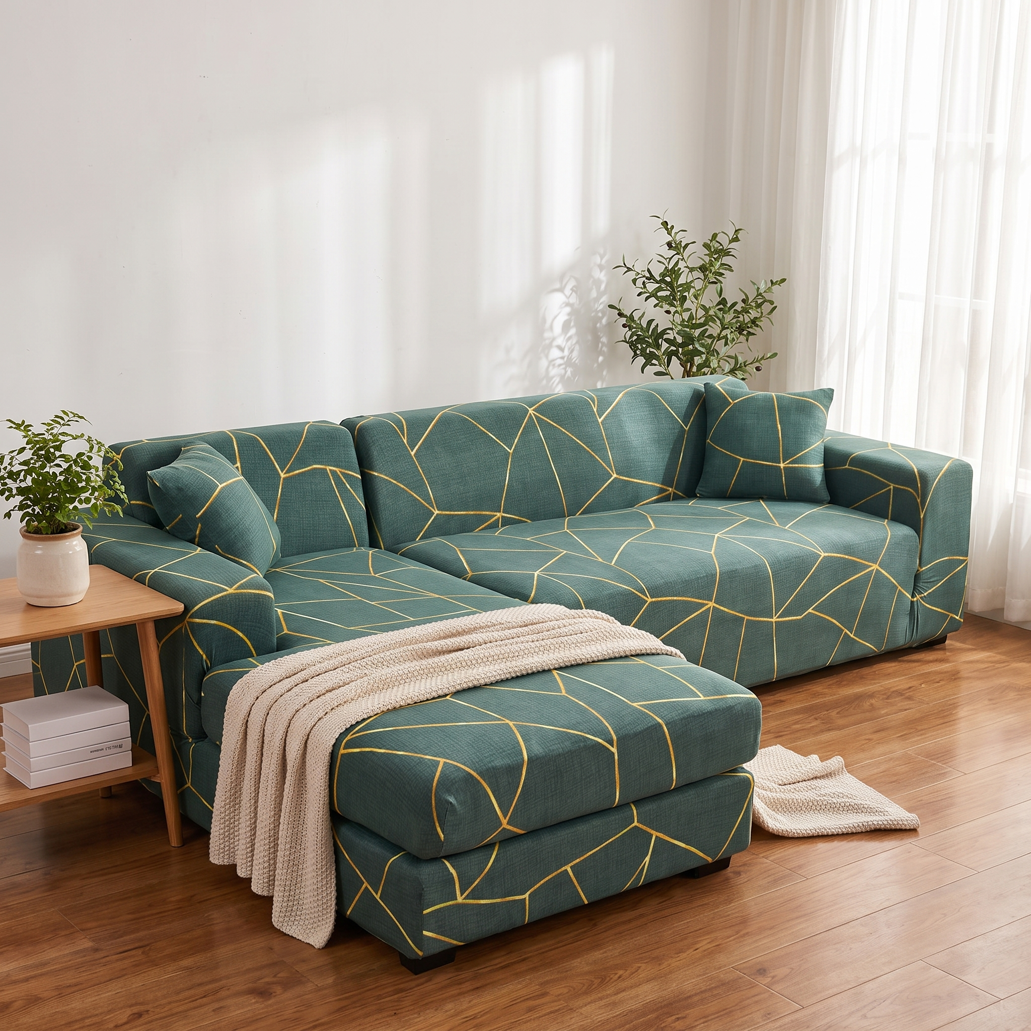 Stretch Sectional Couch Cover – Green & Gold Geometric Line Print shown in a styled home interior | Brivenzo