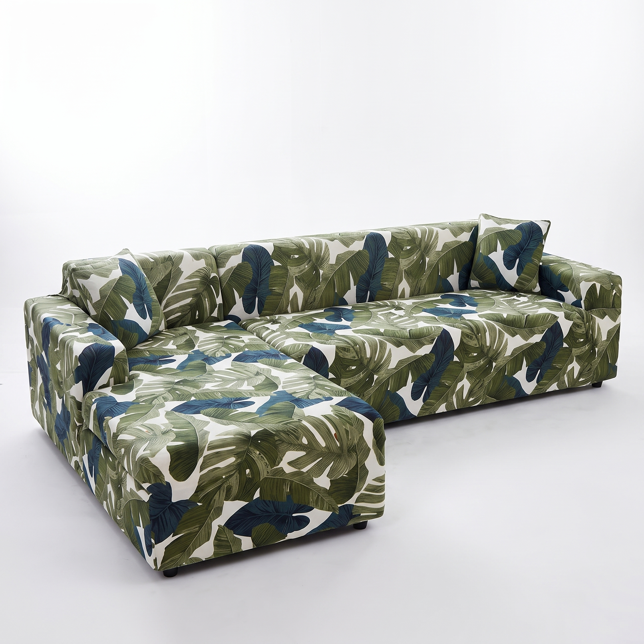 Stretch Sectional Couch Cover – Green Tropical Leaf Print – product photo on a white background | Brivenzo