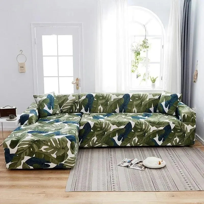 Stretch Sectional Couch Cover – Green Tropical Leaf Print – product view 4 | Brivenzo