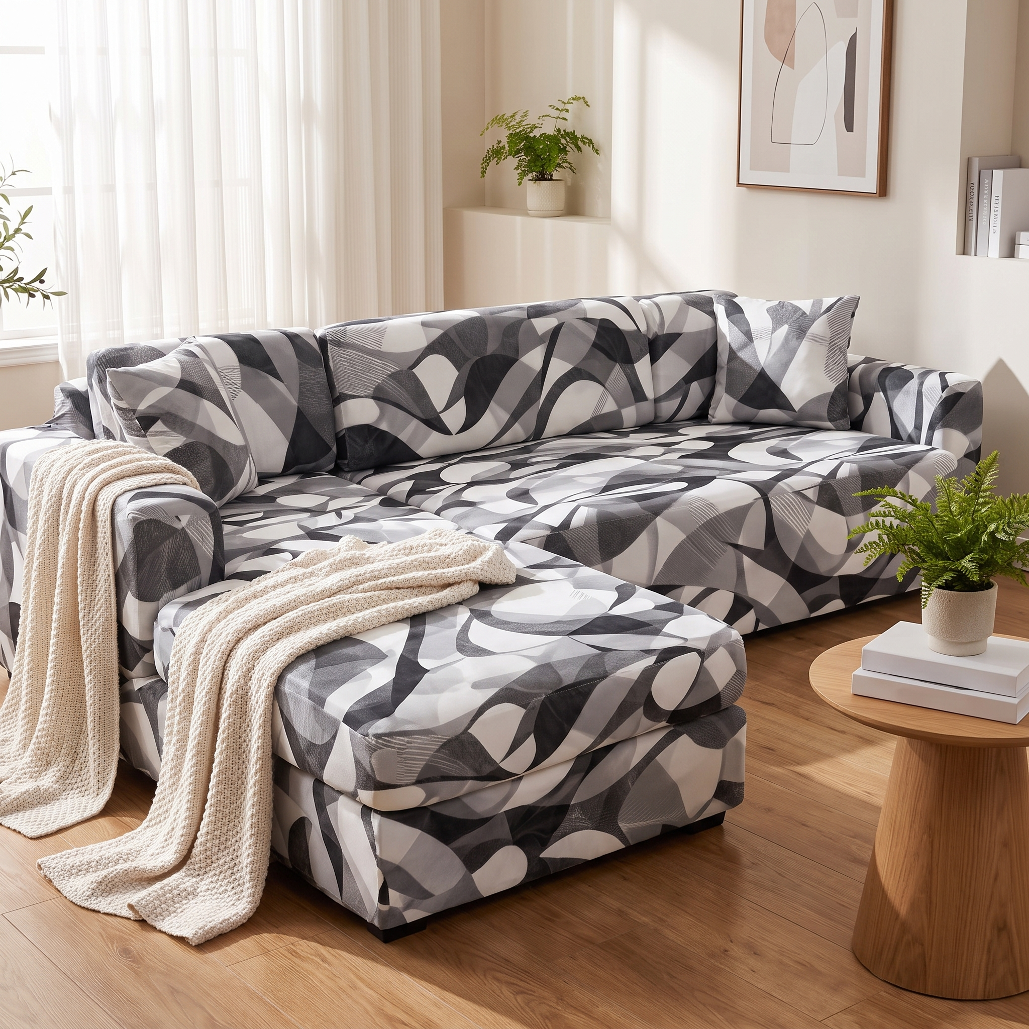 Stretch Sectional Couch Cover – Grey Abstract Wave Print shown in a styled home interior | Brivenzo