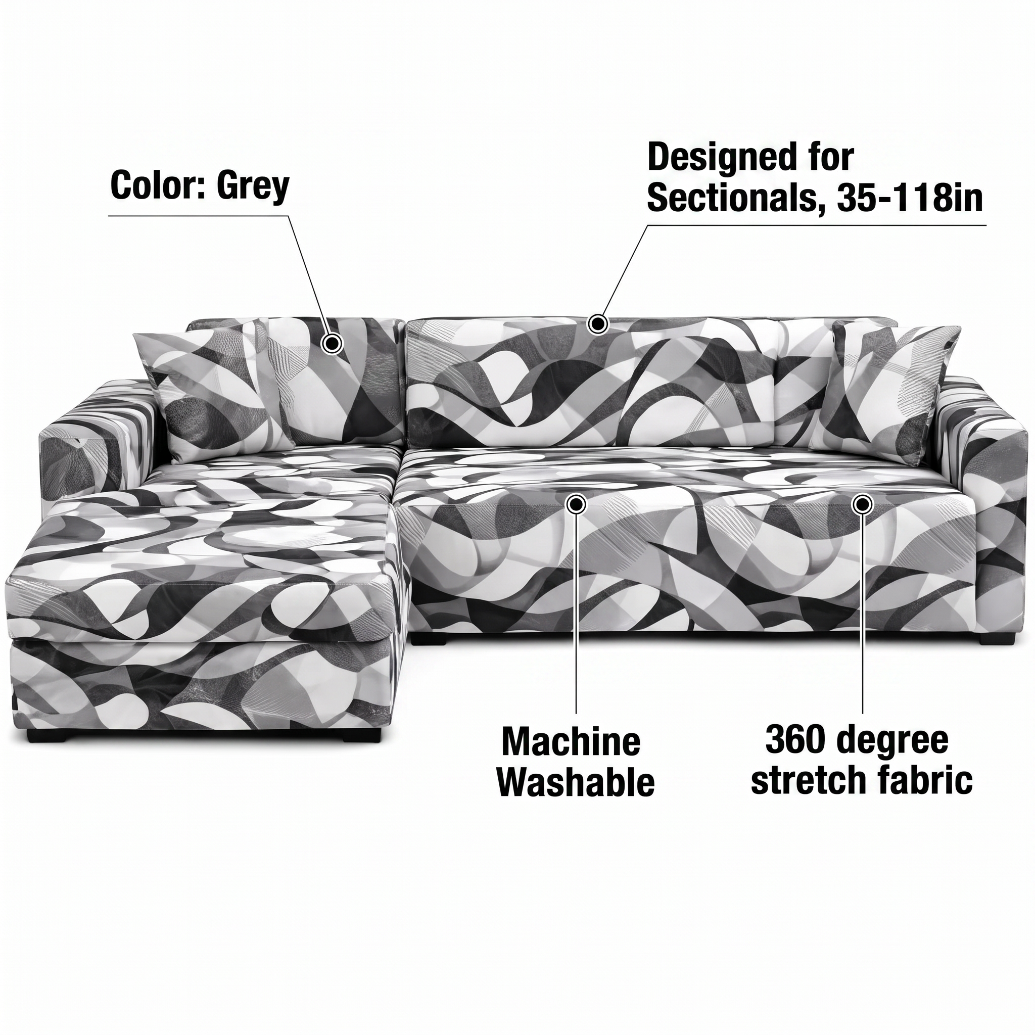 Stretch Sectional Couch Cover – Grey Abstract Wave Print – features and specifications overview | Brivenzo