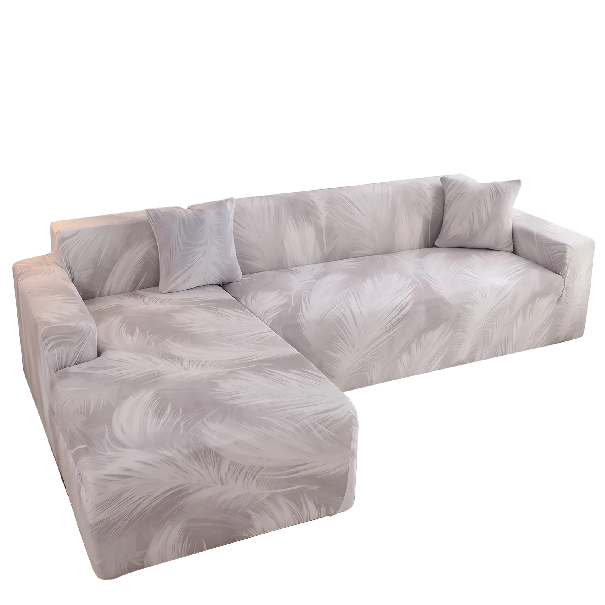 Stretch Sectional Couch Cover – Grey Bold Feather Print – product photo on a white background | Brivenzo
